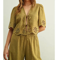 Miou Muse - Embroidered Tie Front Top