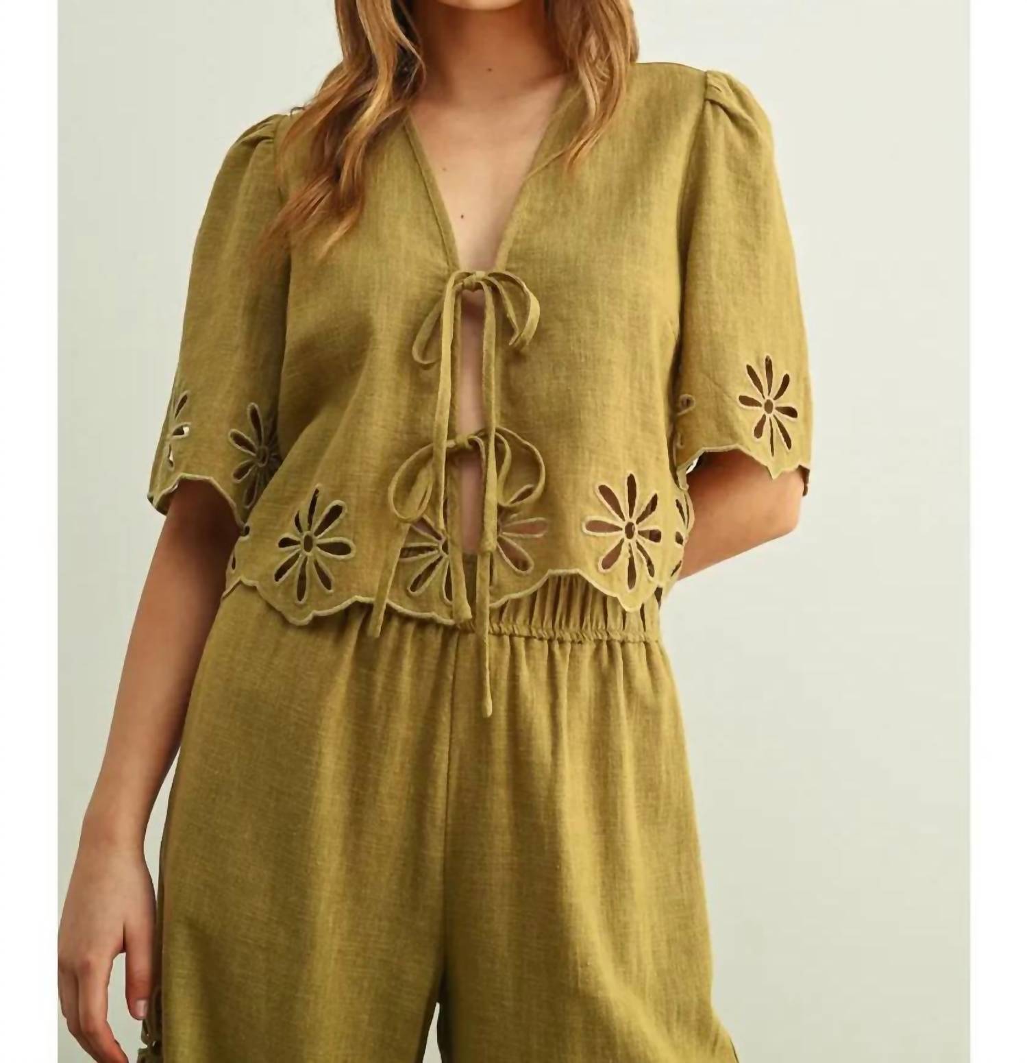 Miou Muse - Embroidered Tie Front Top