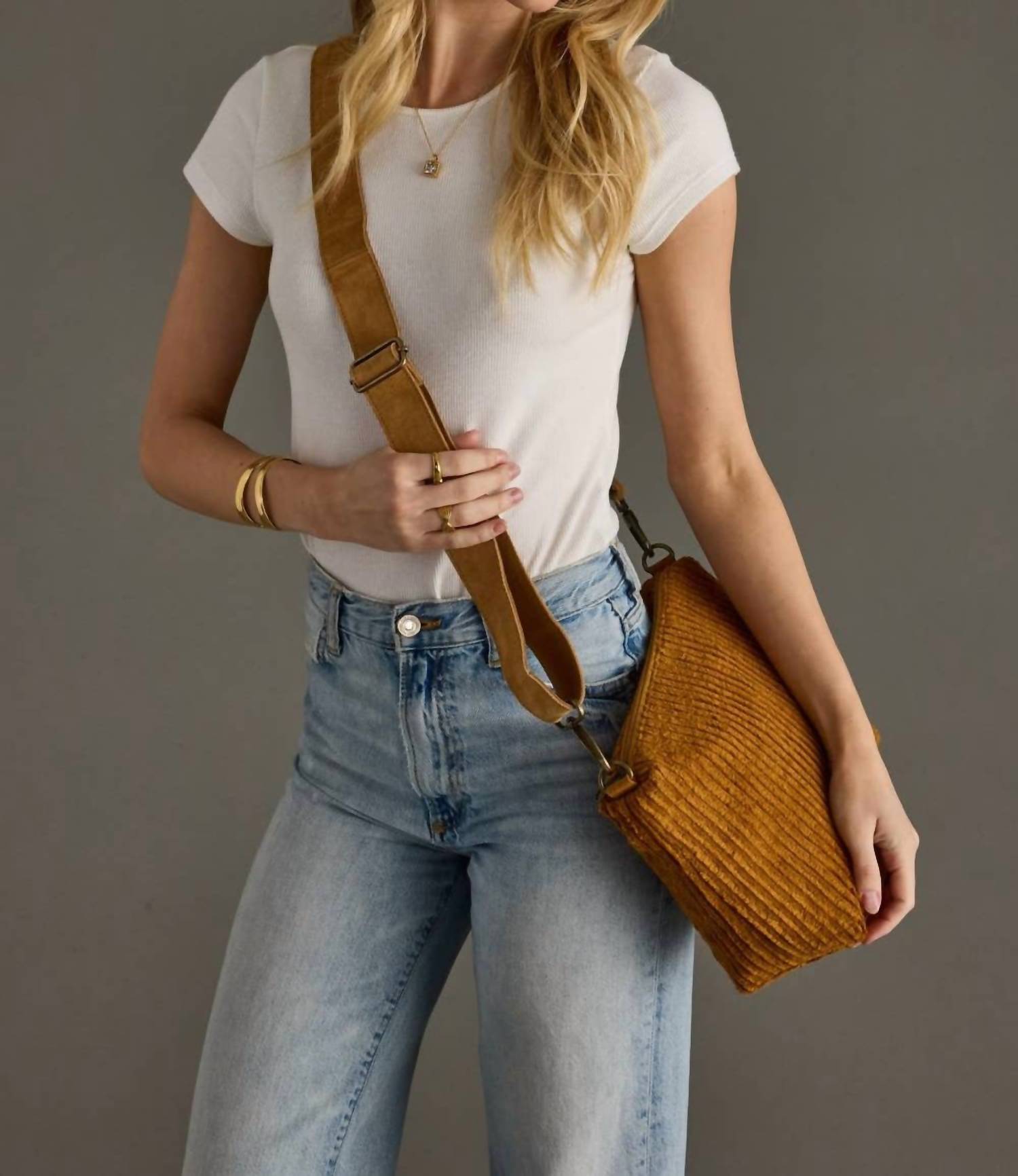 Panache Apparel Women's Corduroy Crossbody Bag With Removable Suede Strap in dark mustard - women's bag - detail view