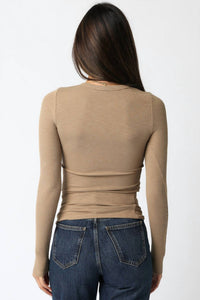 OLIVACEOUS Cassie Long Sleeve Ribbed Top in desert - women's long sleeve top - detail view