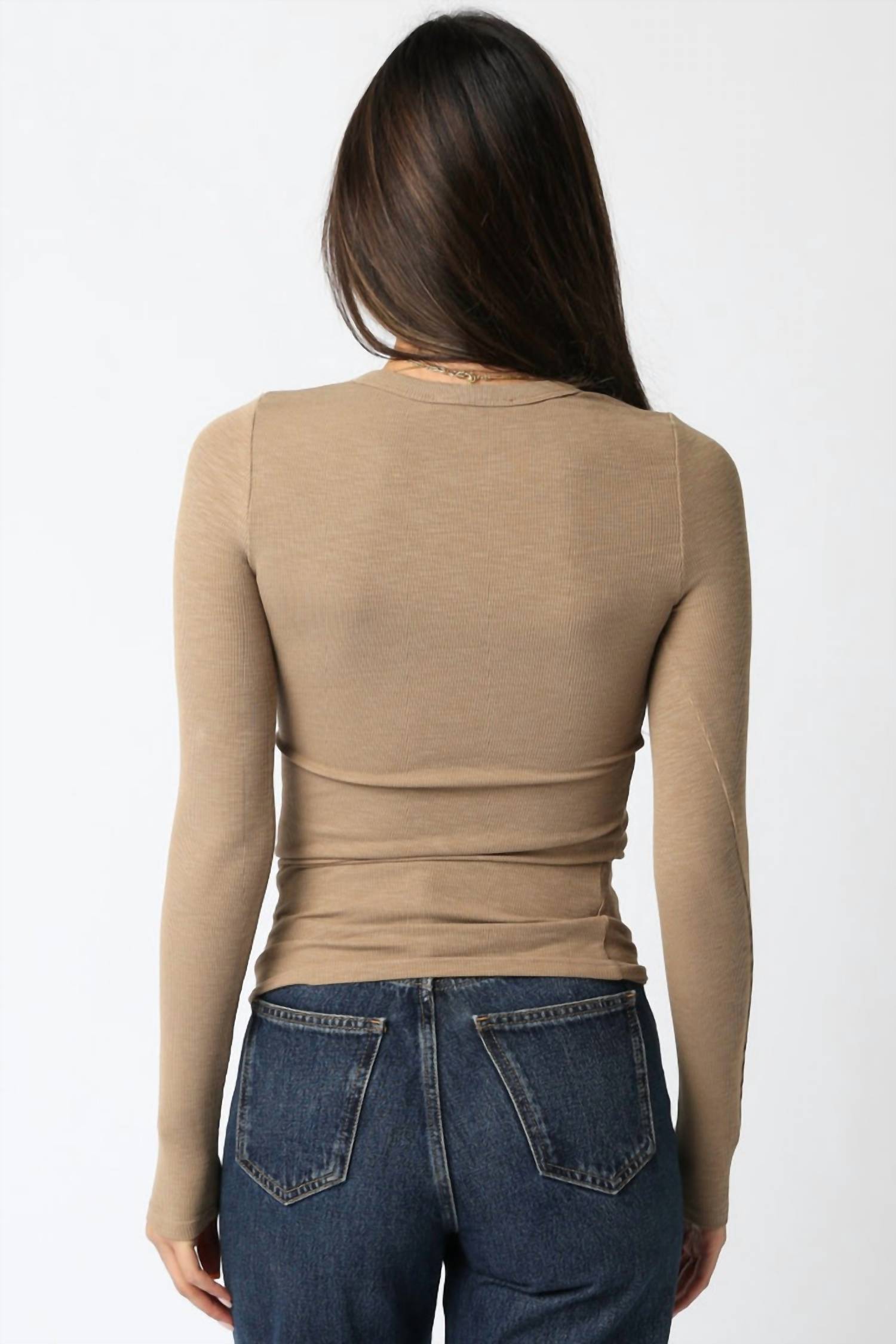 OLIVACEOUS Cassie Long Sleeve Ribbed Top in desert - women's long sleeve top - detail view