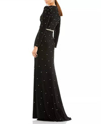 Mac Duggal - Belted Jewel Encrusted Plunge Neck Long Sleeve Gown