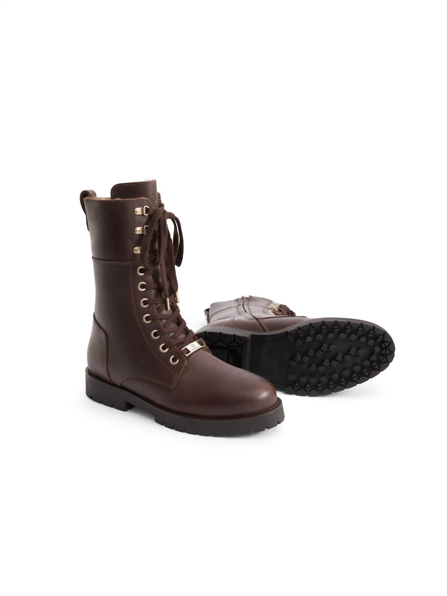 Fairfax & Favor Women's Anglesey Shearling Combat Boot in mahogany leather - women's shoe