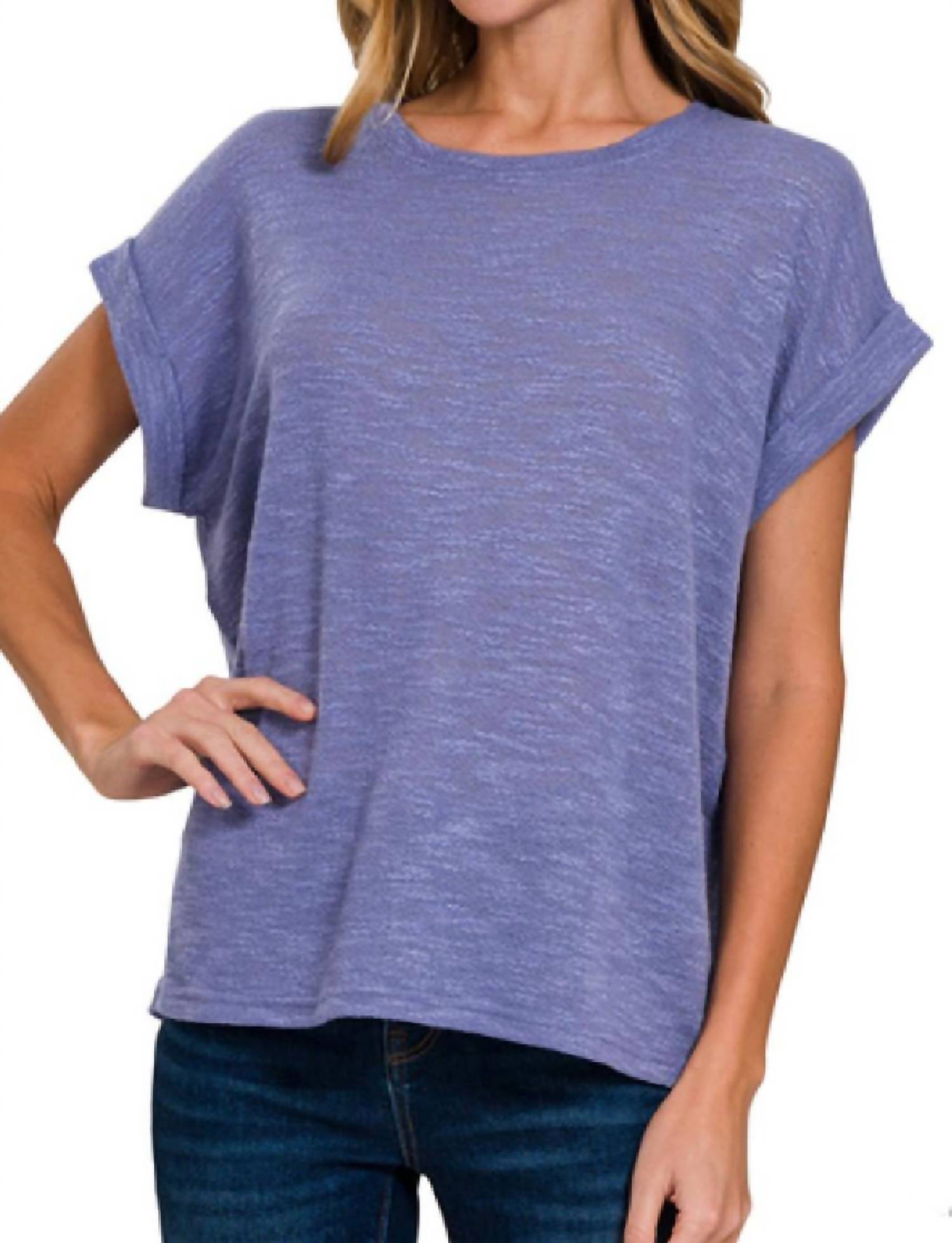 Zenana - Hacci Slub Knit Short Sleeve Top - Periwinkle