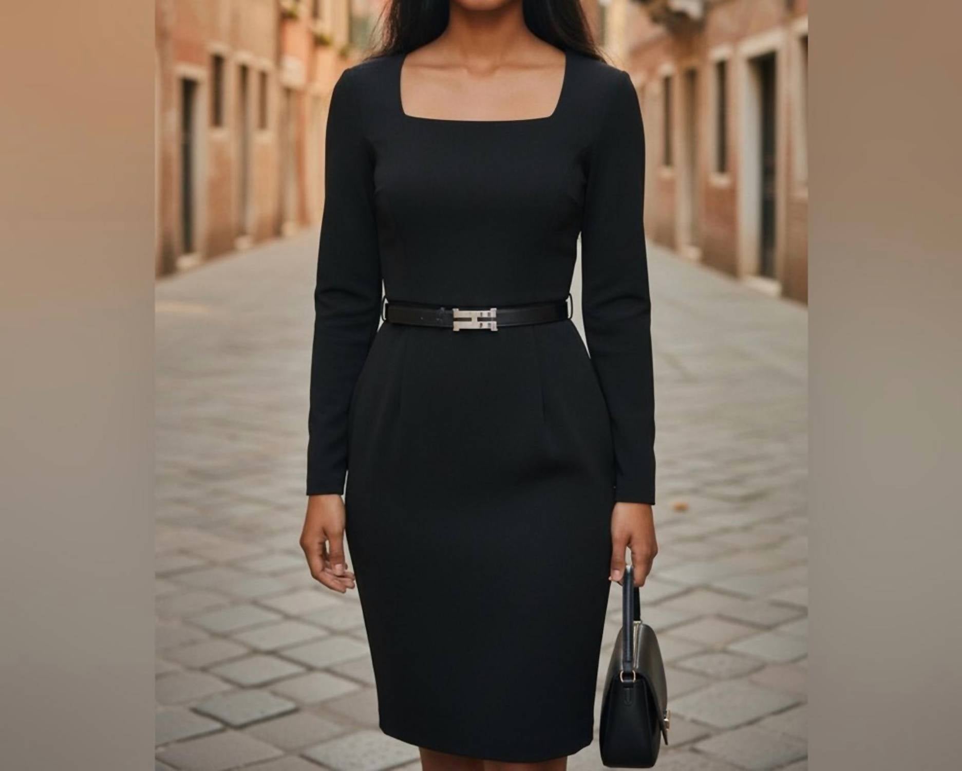 HALSTON HERITAGE Squareneck Long Sleeve Midi Dress in black - women's dress