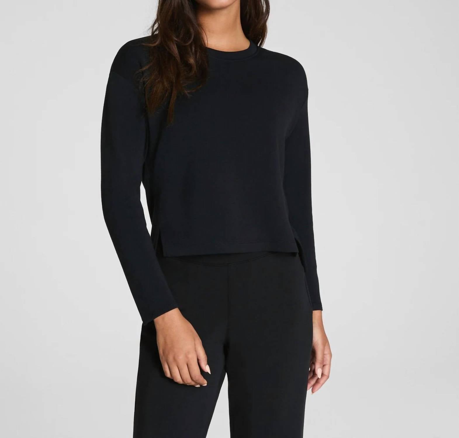 Spanx Air Essentials Long Sleeve Top in very black - women's long sleeve top - detail view