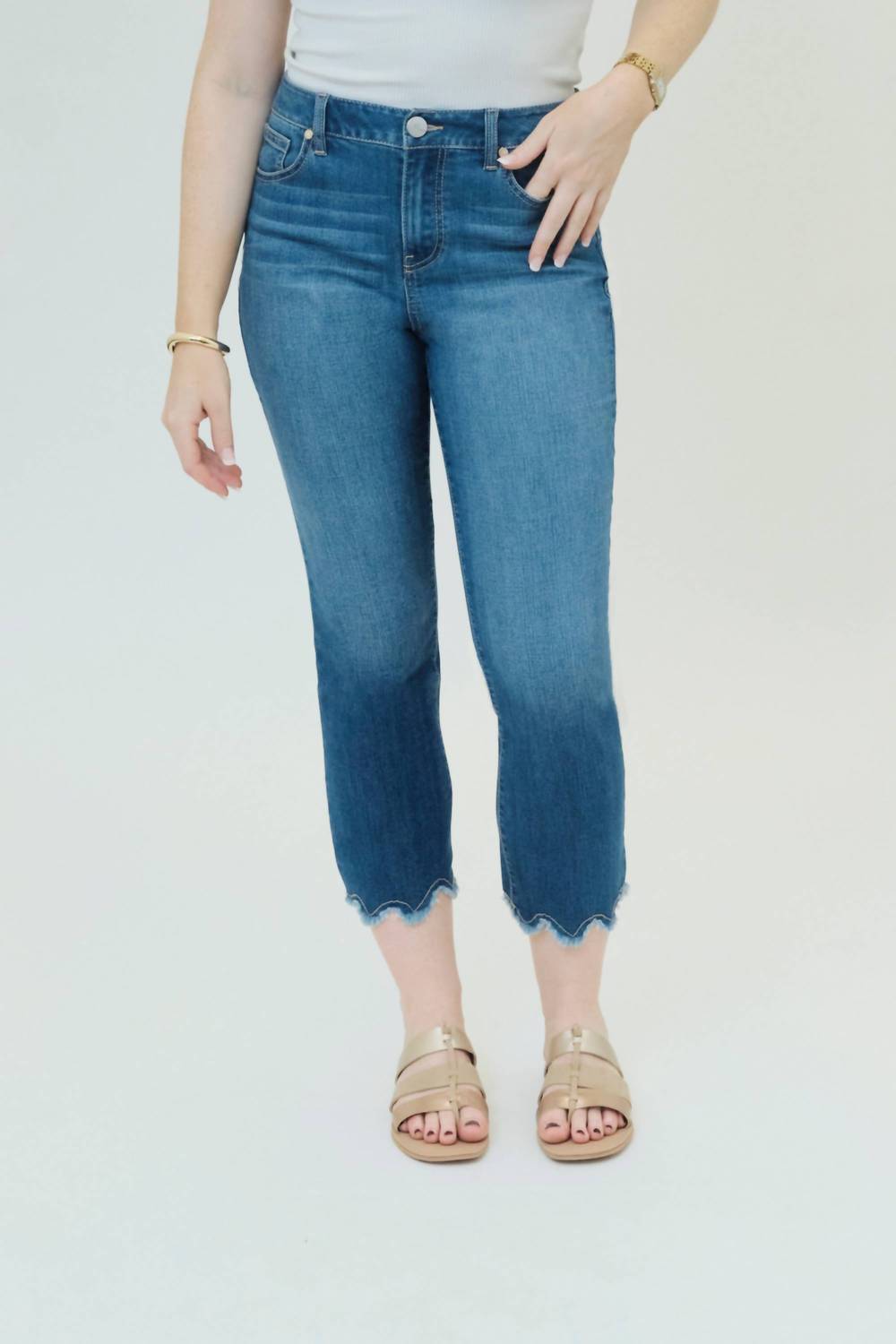 1822 Denim Ace 25" Crop Capri Scalloped & Frayed Hem Jeans in blue - women's jeans