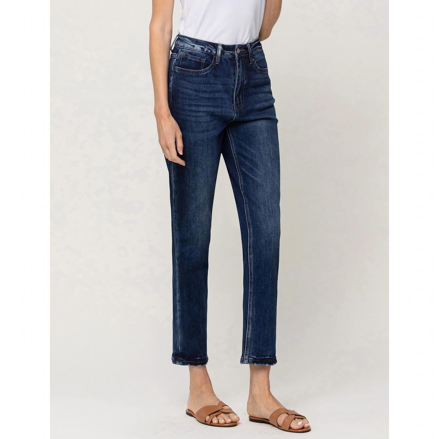 VERVET BY FLYING MONKEY Super High Rise Mom Jeans in dark indigo - women's jeans - detail view
