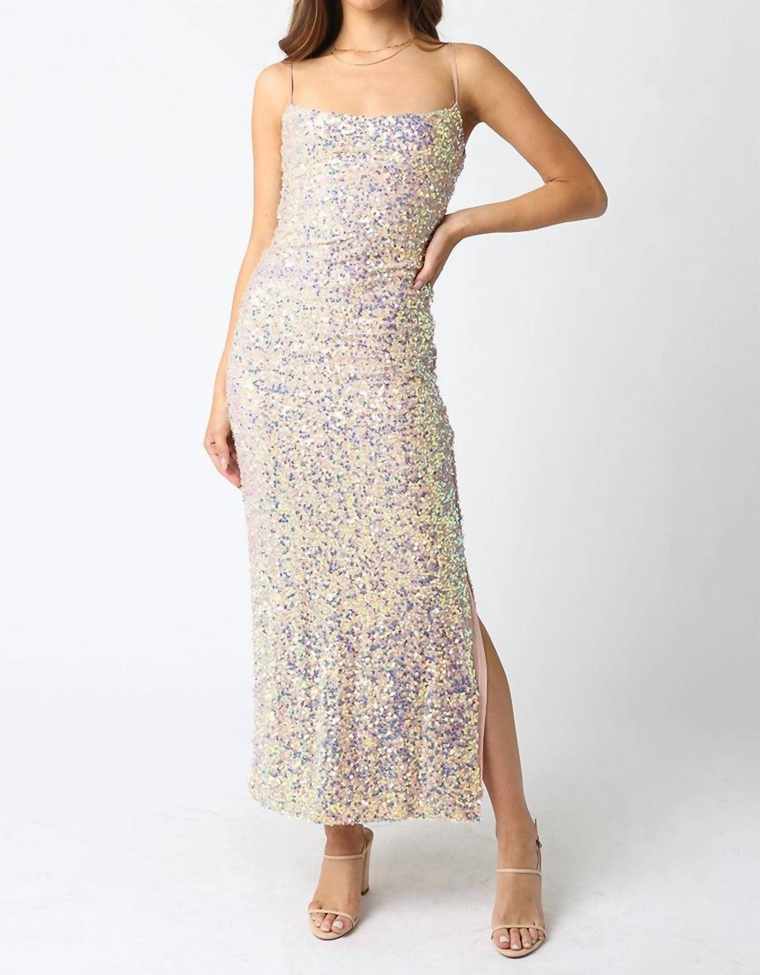 OLIVACEOUS Ariel Mesh Sequin Maxi Formal Dress in beige - women's dress