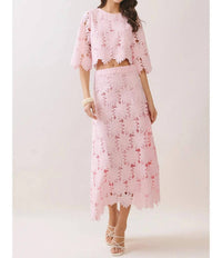 TCEC A-line Floral Lace Midi Skirt in pink - women's skirt