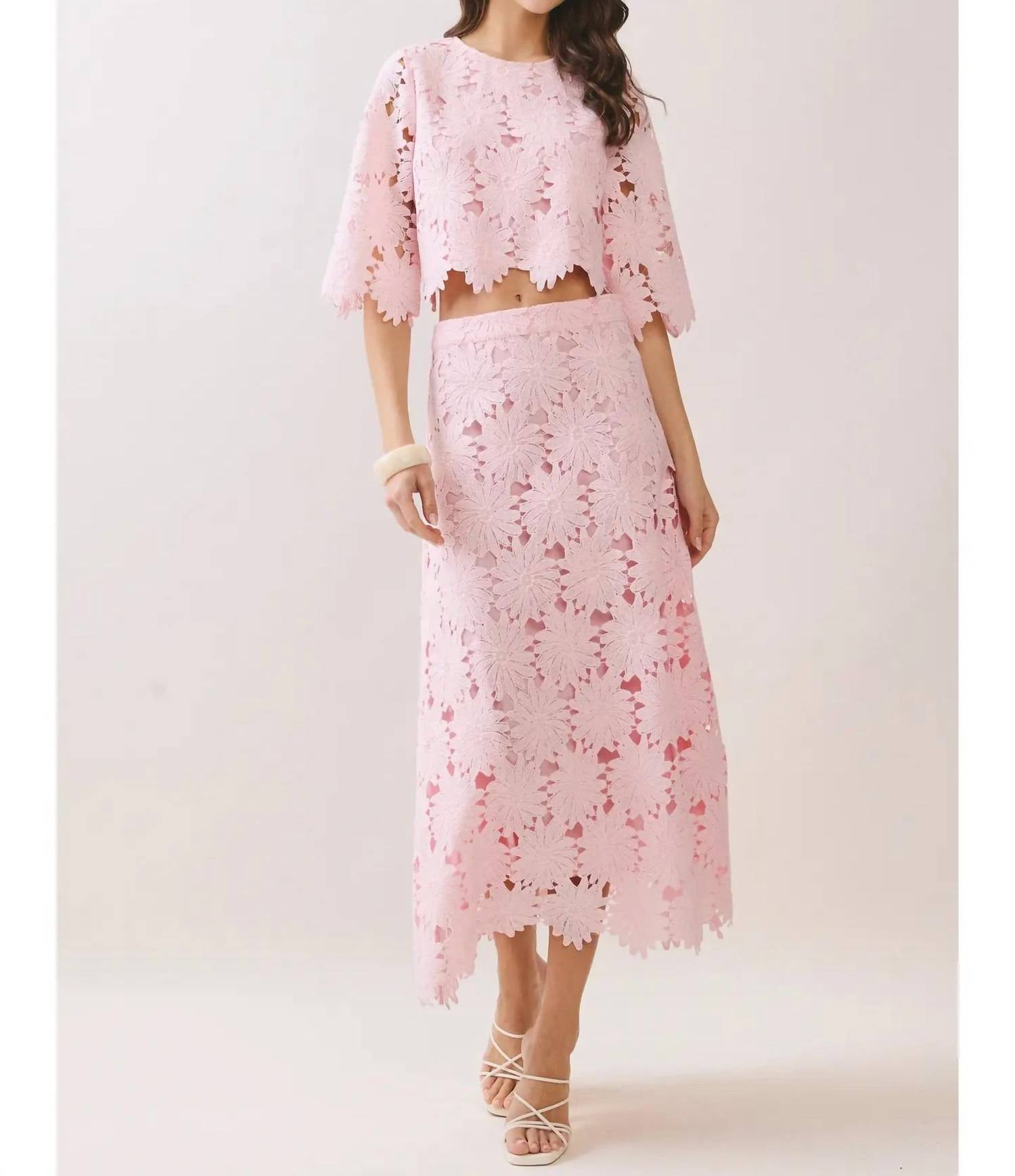TCEC A-line Floral Lace Midi Skirt in pink - women's skirt