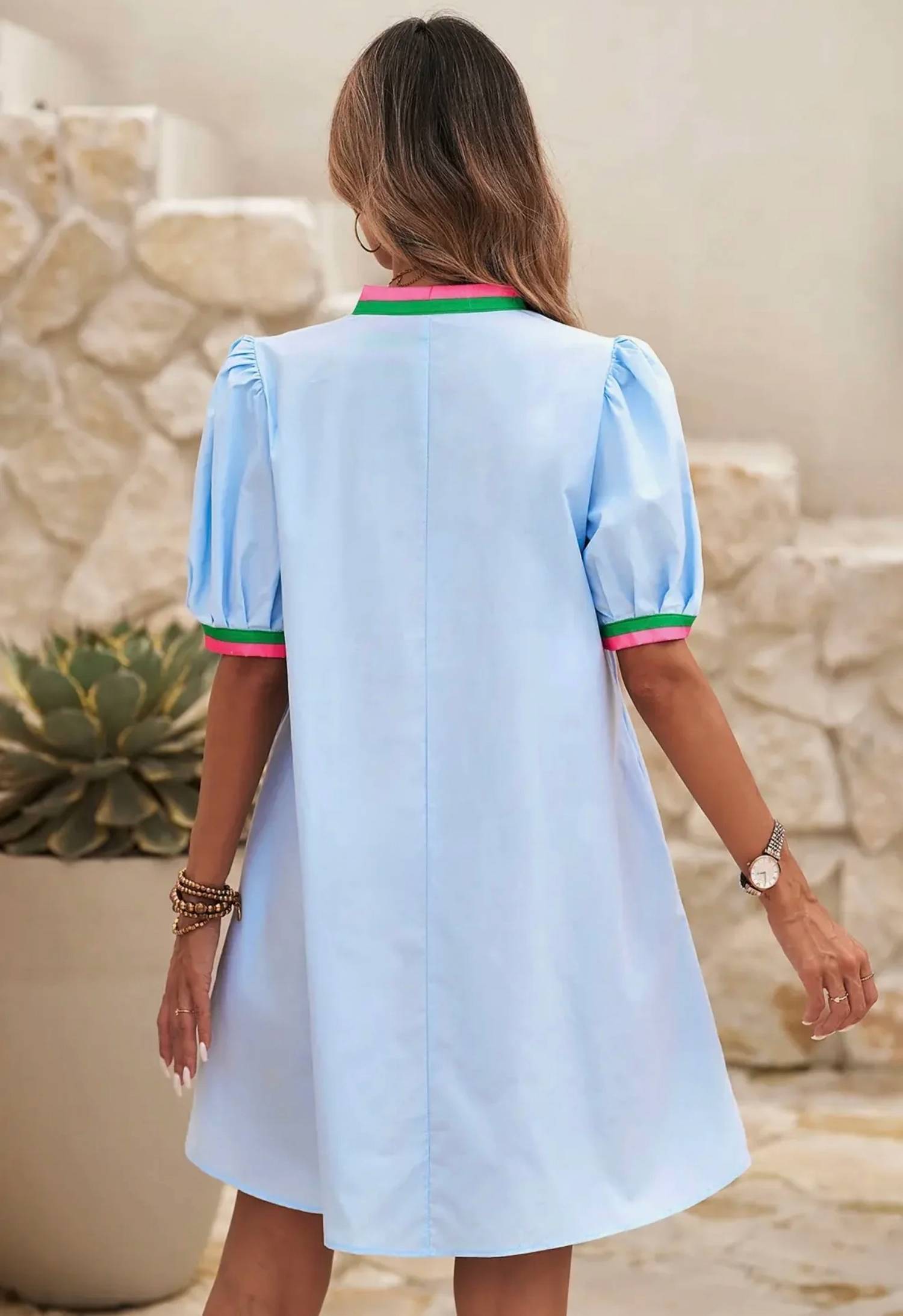 Little Daisy Closet - Contrast Trim Puff Sleeve Mini Dress
