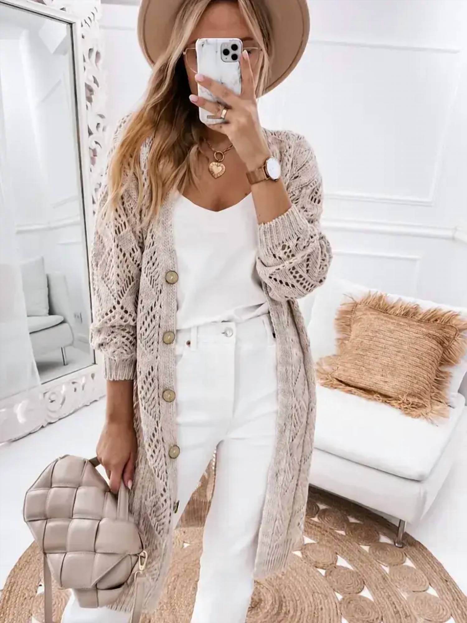Lovesoft - Openwork Long Knit Button Cardigan Sweater