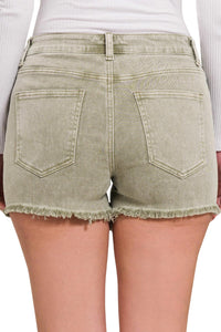 Zenana - Acid Washed Frayed Hem Mid Rise Shorts
