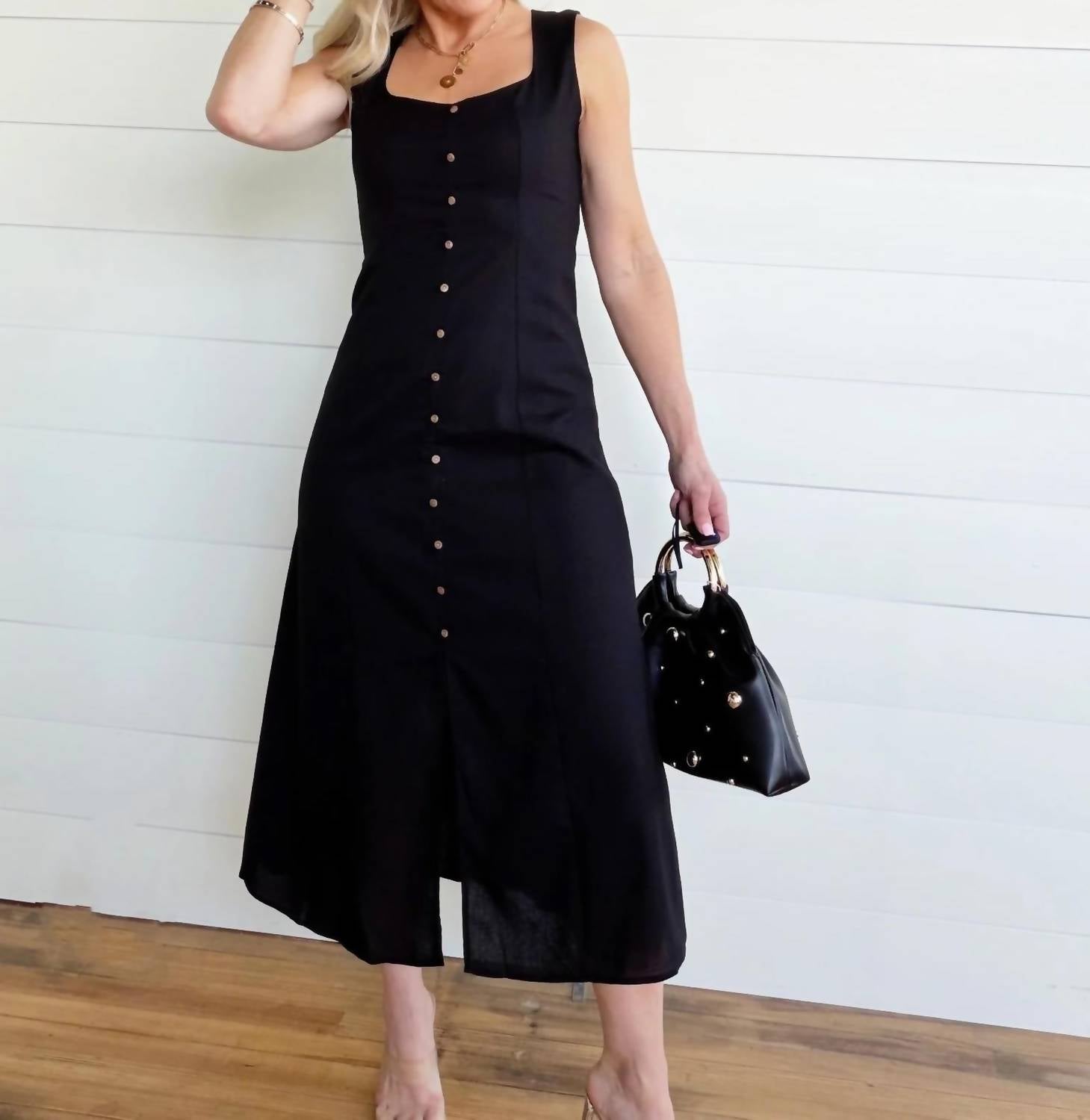 Blu Pepper - Button Down Sleeveless Split Hem Linen Midi Dress