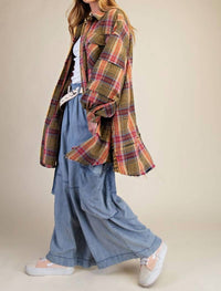 Easel - Golden Kiwi Plaid Shacket