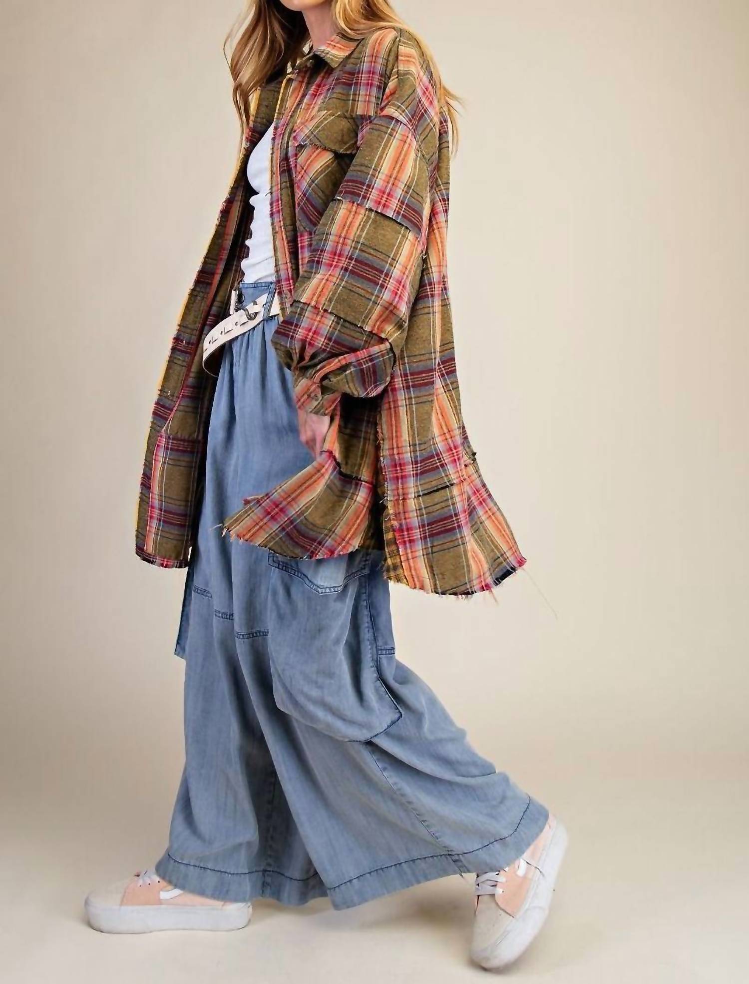 Easel - Golden Kiwi Plaid Shacket