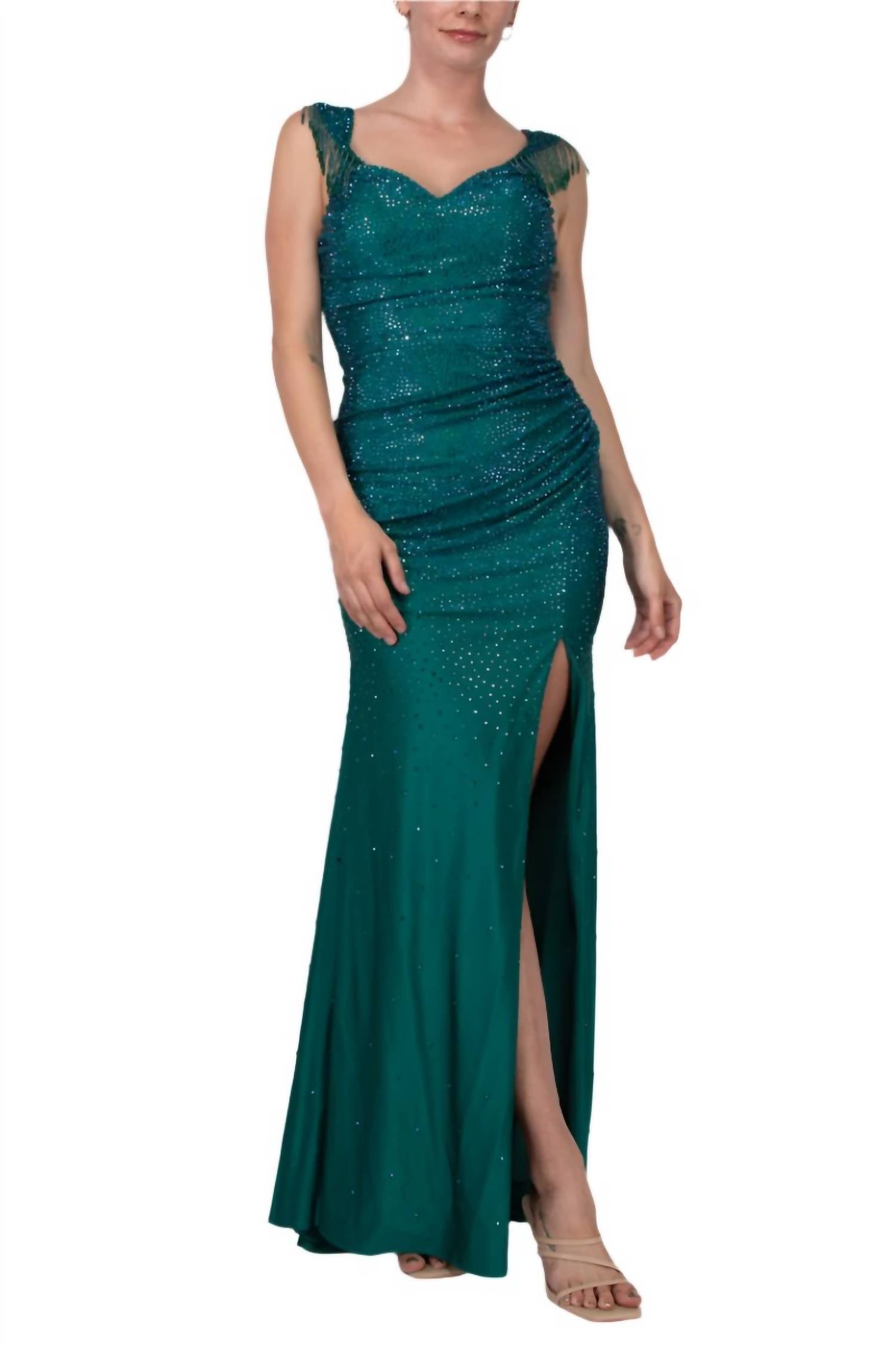 Colors Dress - Long Crystal Off The Shoulder Fringe Slit Gown