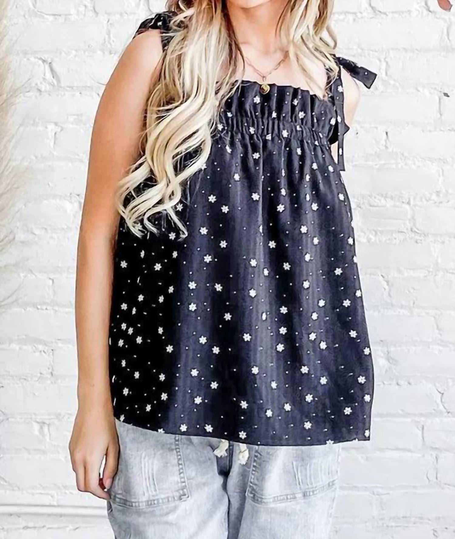And The Why - Daisy Polka Dot Print Ruffle Tank Top