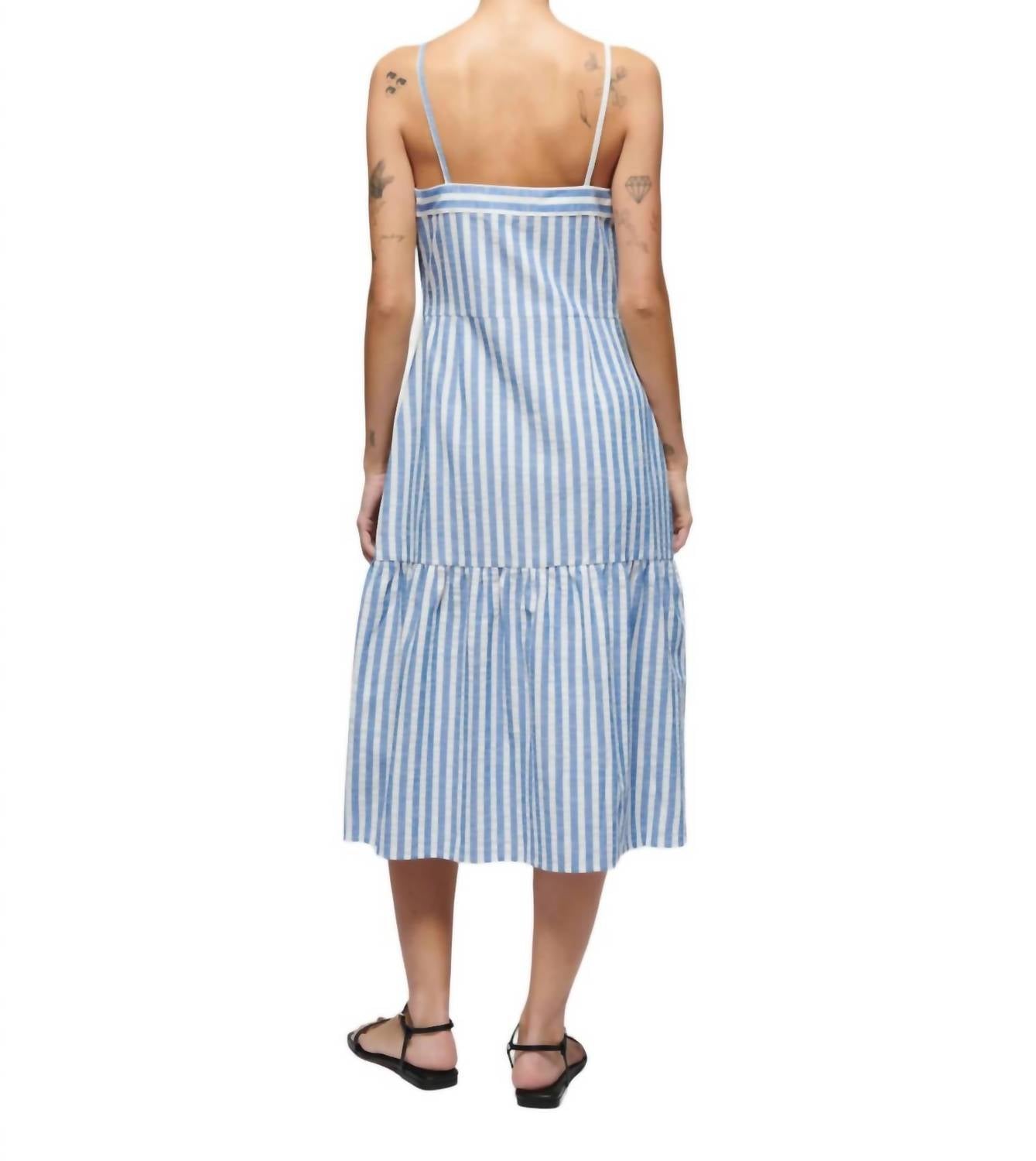 Nation LTD Luciana Single Tier Midi Dress in parisian blue stripe - women's dress - detail view