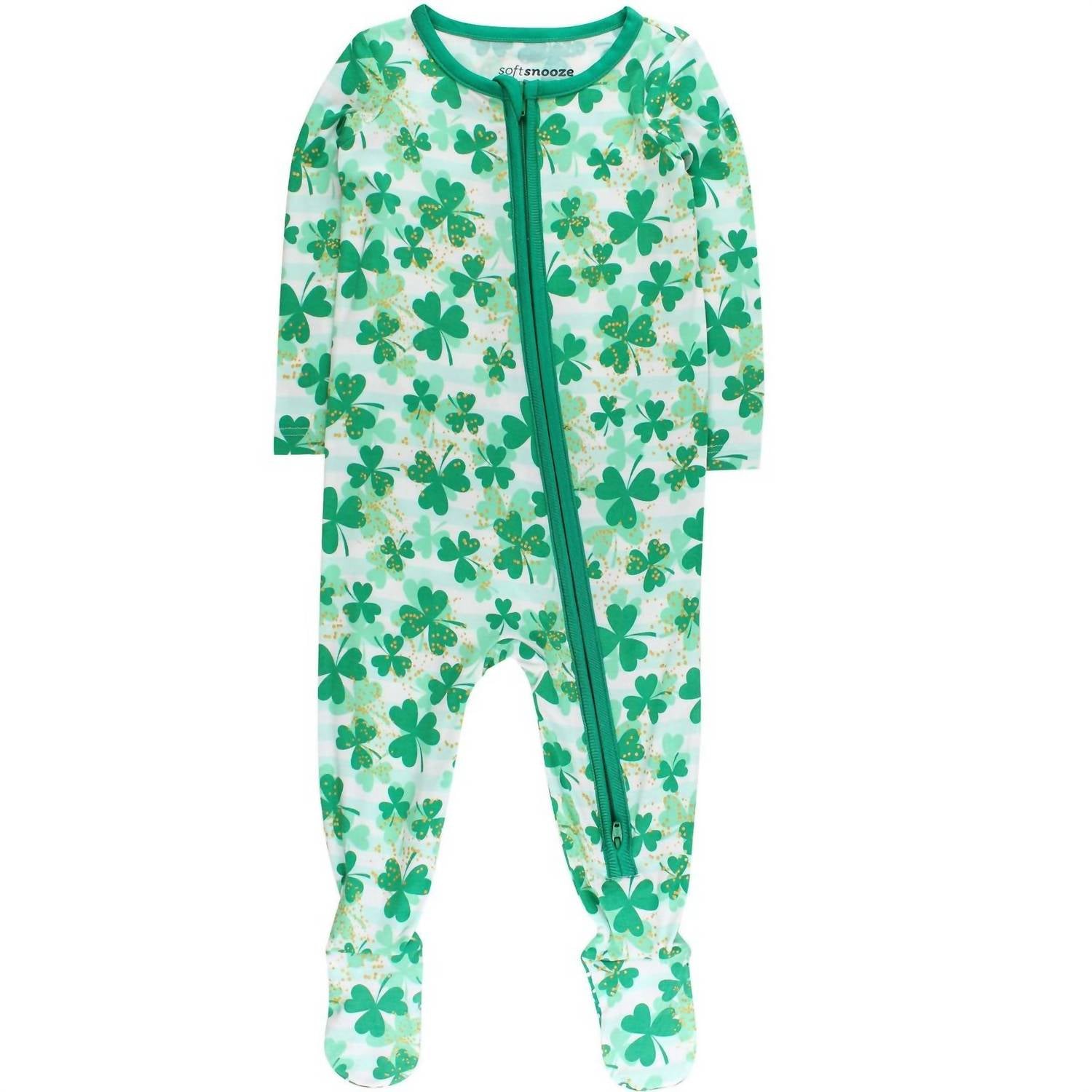 RuffleButts Kid's Bamboo Clover Field Footed Pajama in green - kids' item