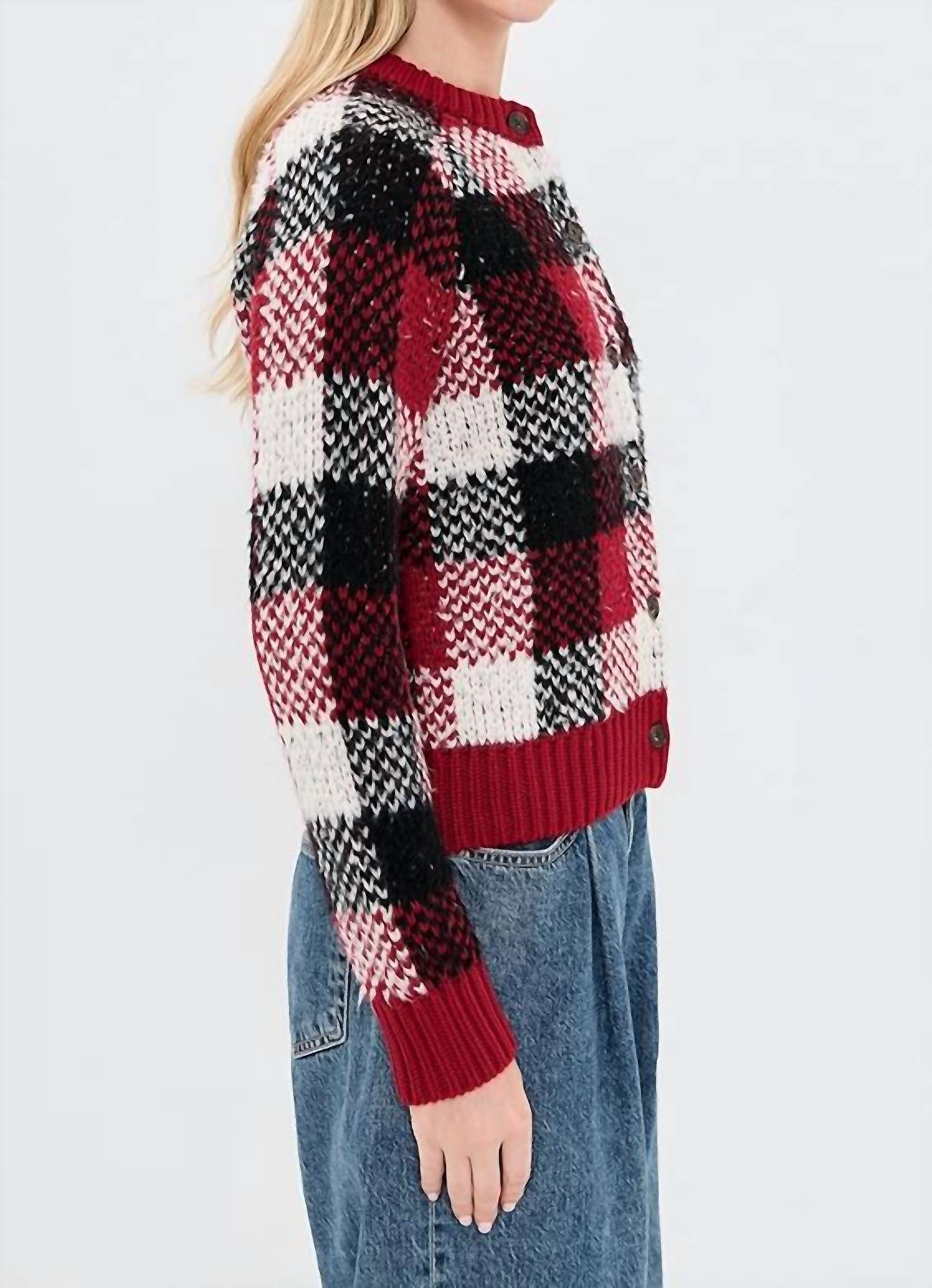 Guest In Residence Buffalo Plaid Cardigan in residence buffalo plaid cardigan in ruby combo - women's cardigan - alternate view