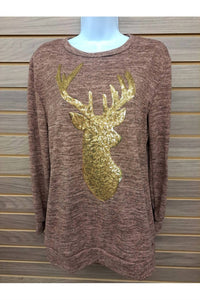 Perfect Peach - Women's Sequin Deer Long Sleeved