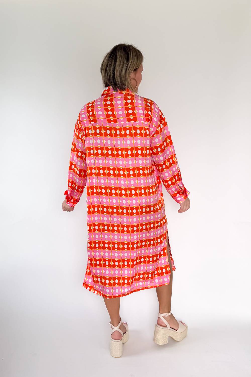 Karlie Retro Floral Midi Shirt Dress in pink orange - women's dress - detail view
