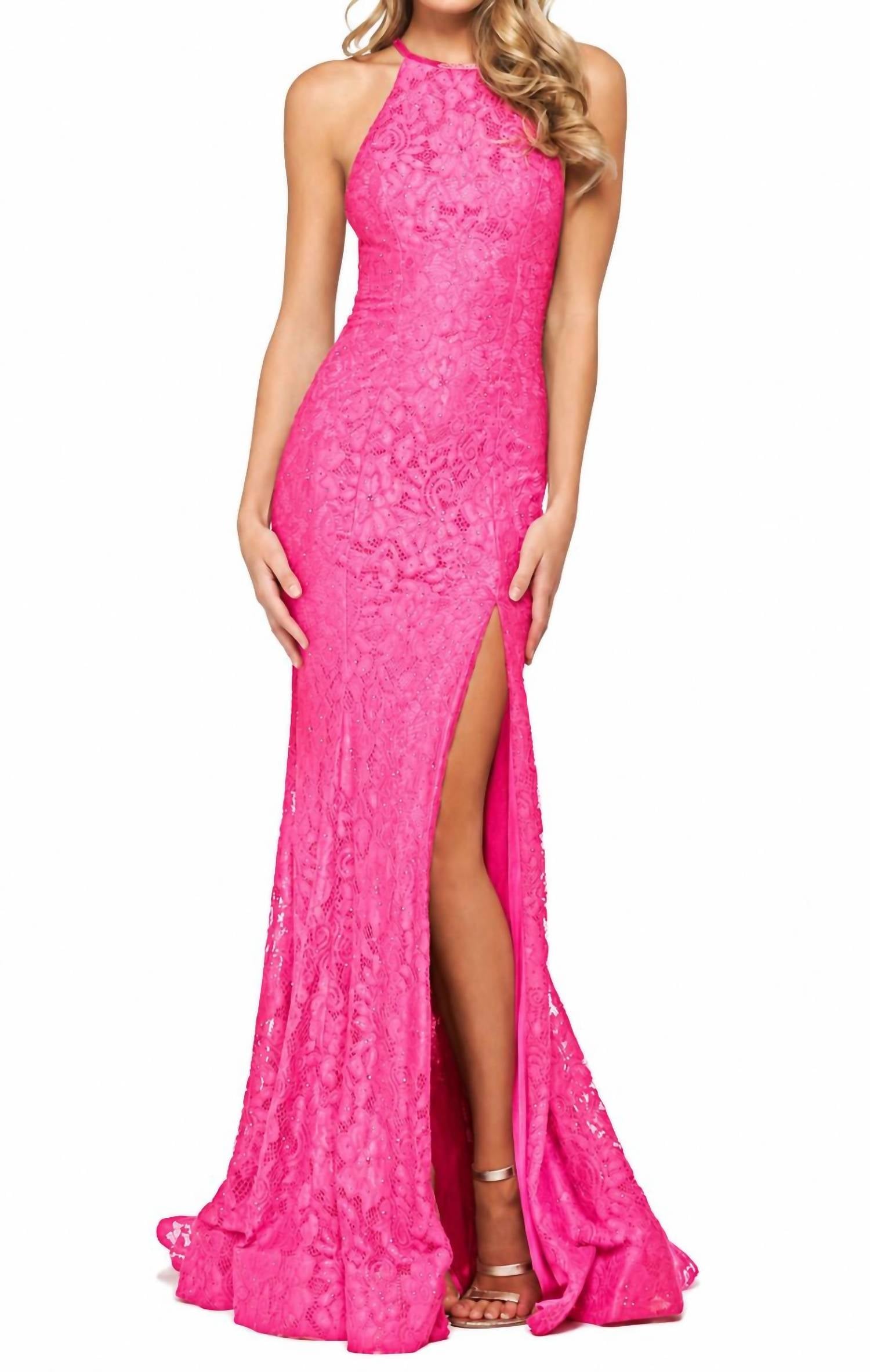 Sherri Hill Beaded Lace Halter Gown in bright pink - women's dress