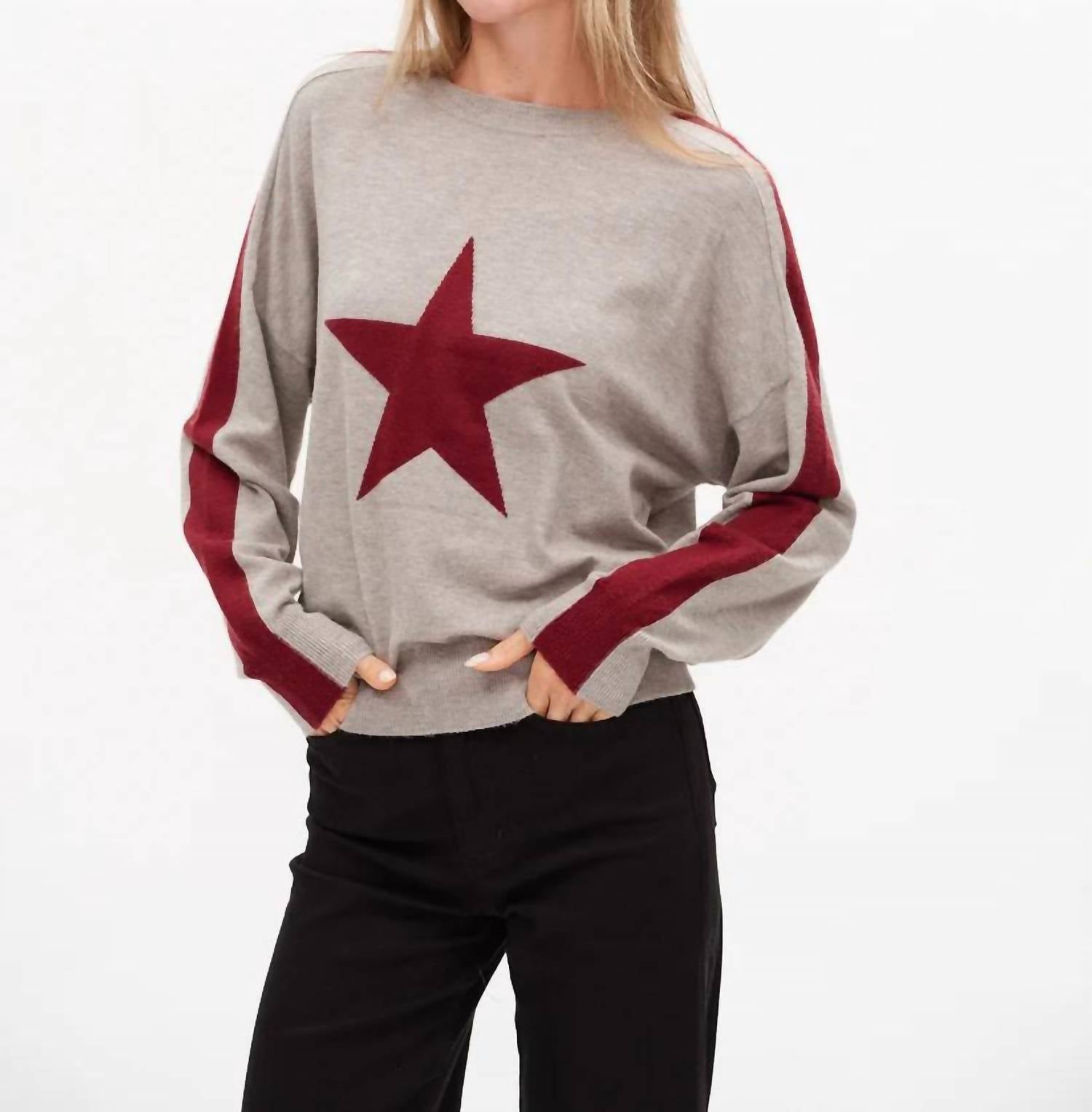 SIX/FIFTY Morgan Star Sweater in heather grey burgundy - women's sweater