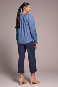Tribal - Jaquard Appliqué-sleeve Notch Neck Blouse
