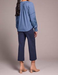 Tribal - Jaquard Appliqué-sleeve Notch Neck Blouse