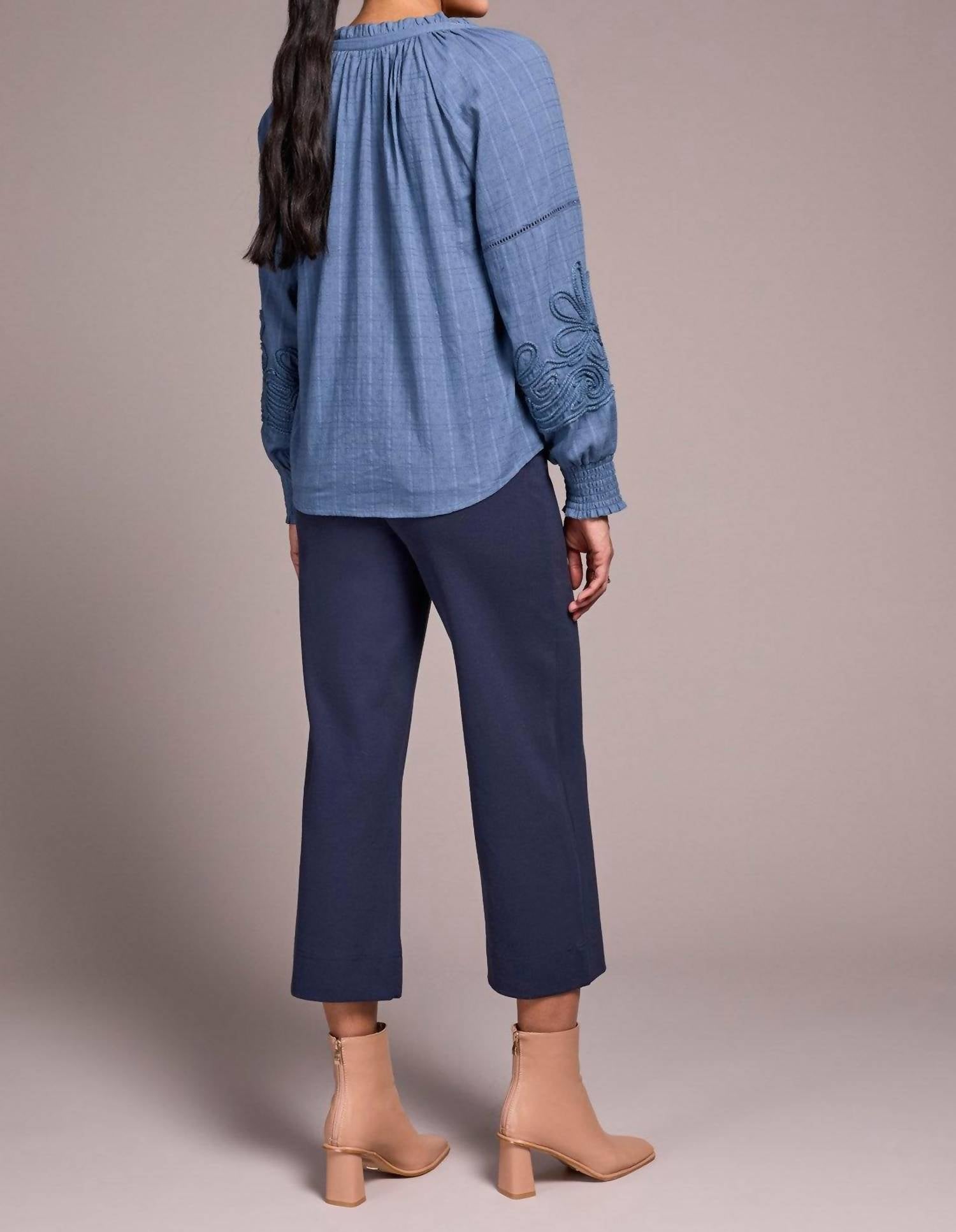 Tribal - Jaquard Appliqué-sleeve Notch Neck Blouse