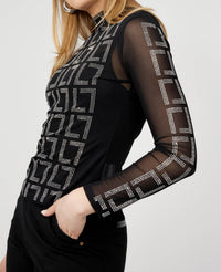 Frank Lyman Helena High Neck Long Sleeve Embellished Pullover in black silver - women's long sleeve top - alternate view