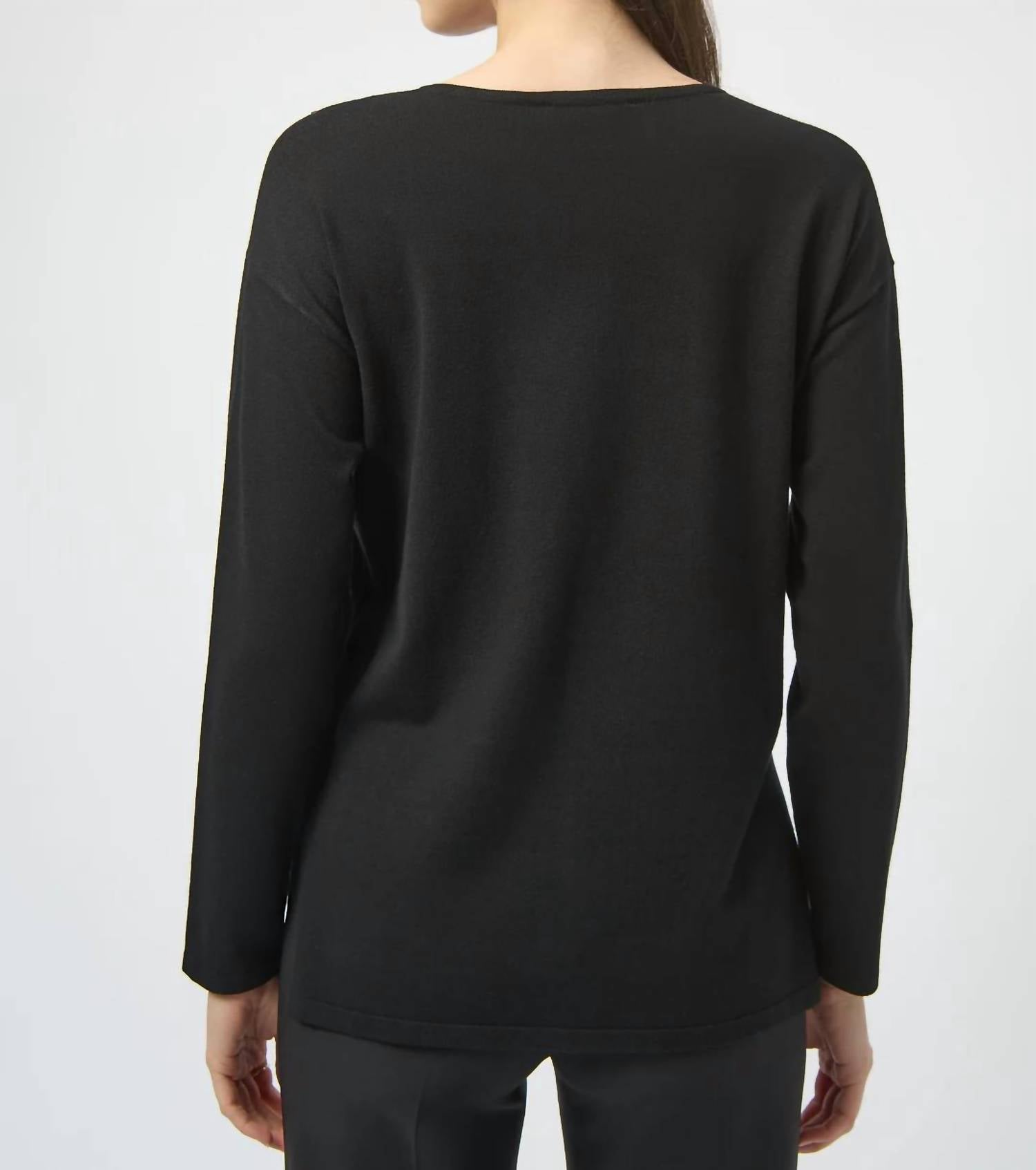 Joseph Ribkoff Iron-on V-neck Pullover Sweater Top in black - women's sweater - detail view