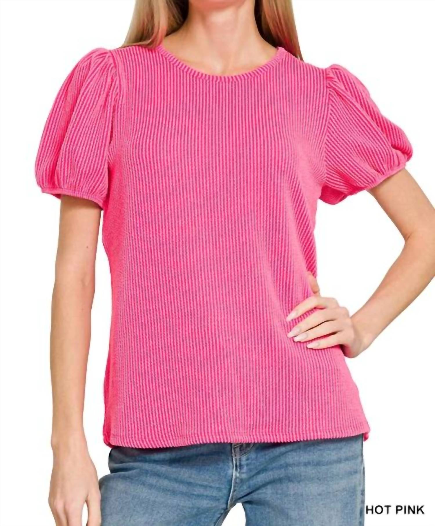 Zenana - Puff Sleeve Corded Shirt