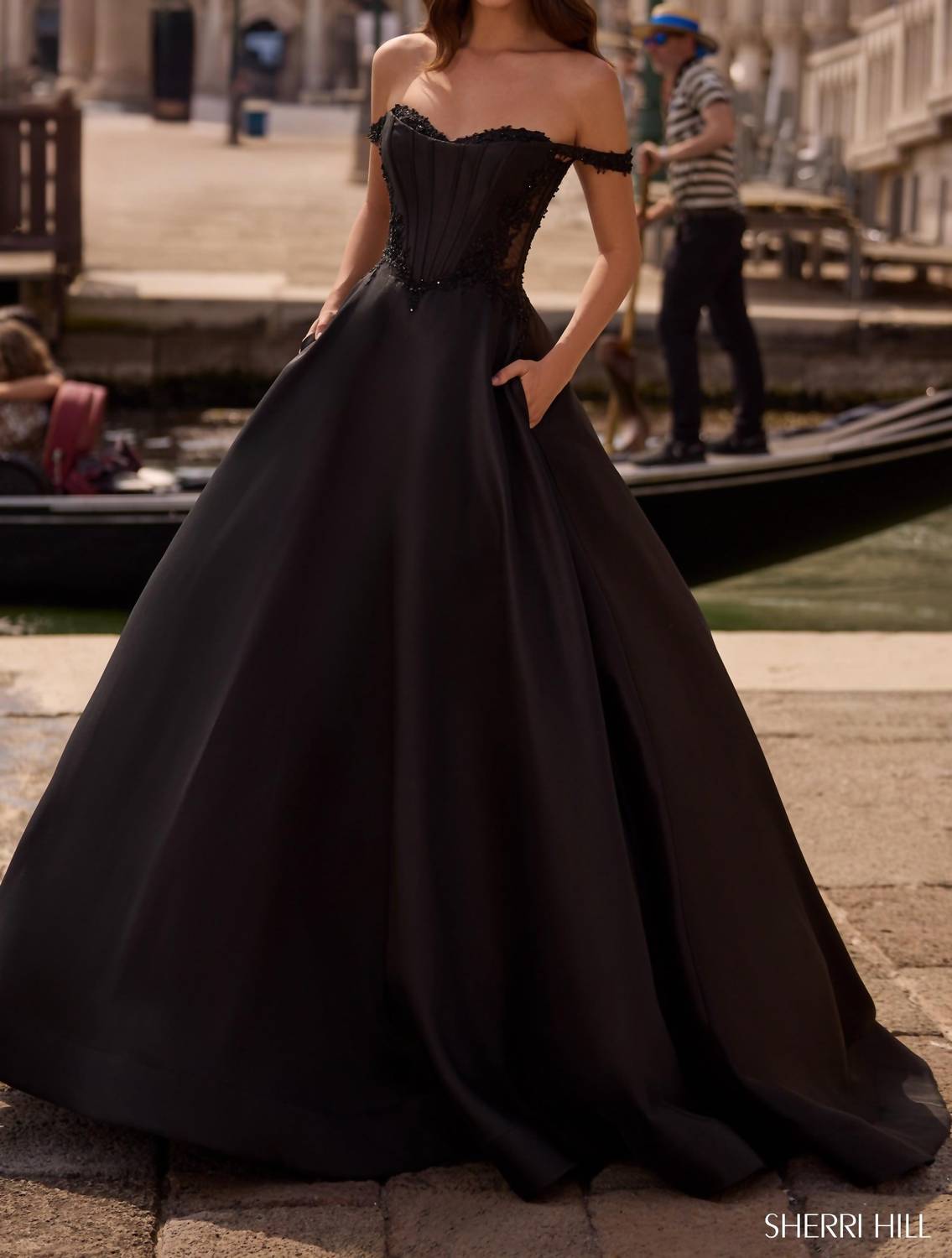 Sherri Hill Off The Shoulder Ballgown in black - women's dress