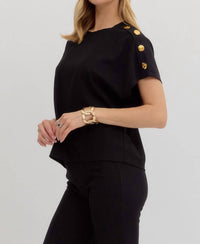 Entro - Crew Neck Gold Button Pullover Blouse