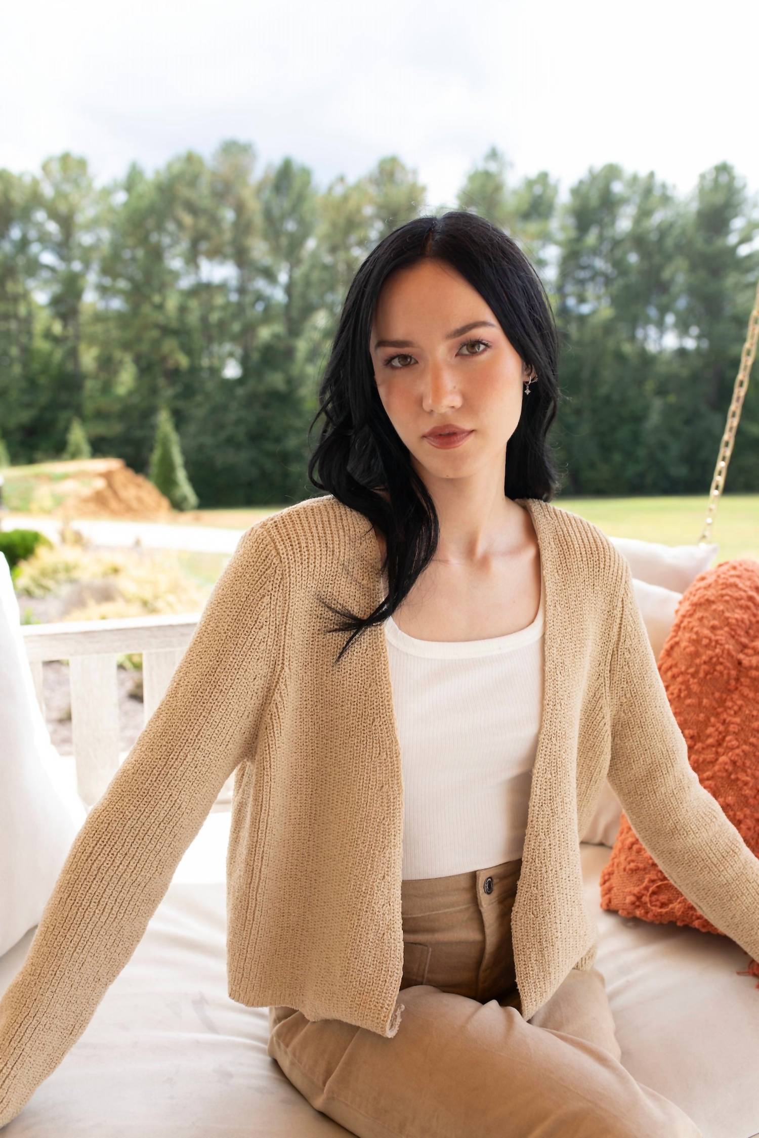 Q2 Breezy Open Cardigan in beige - women's cardigan - alternate view