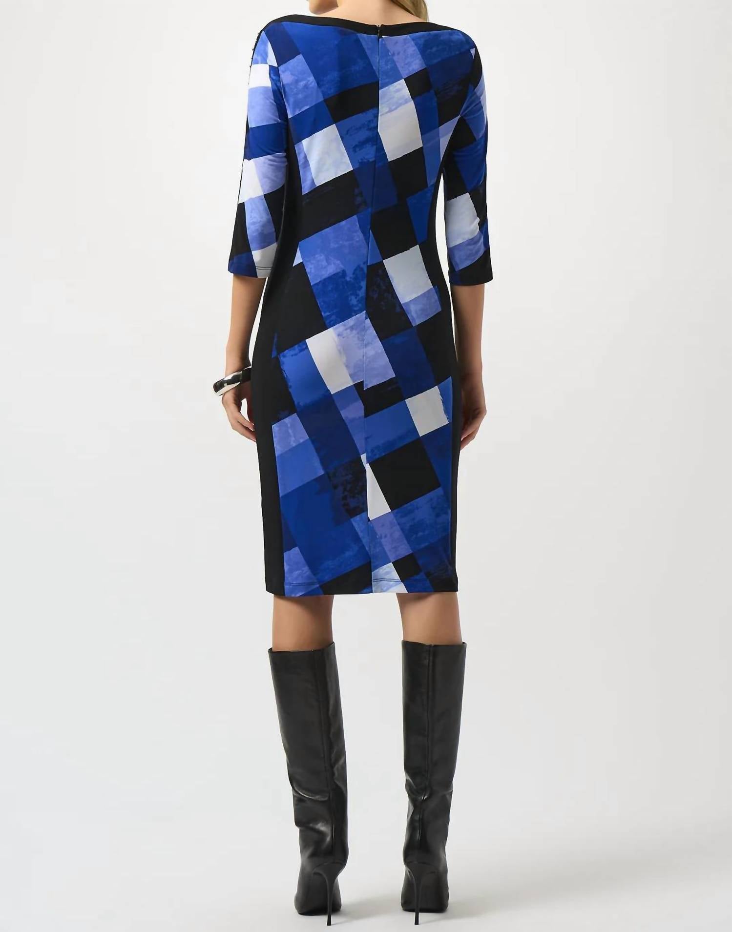 Joseph Ribkoff Plaid Print Sheath Dress in black blue - women's dress - detail view