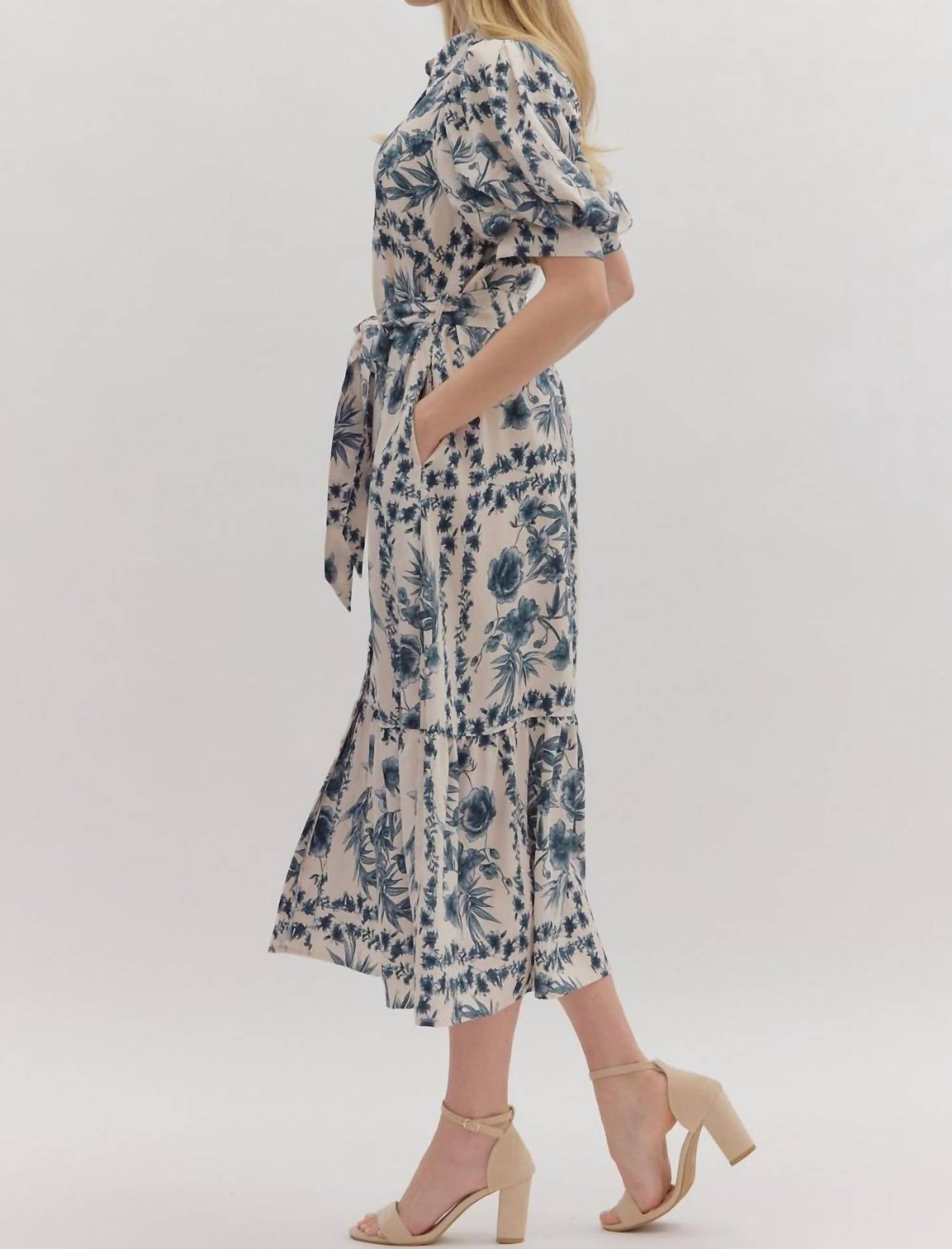 Entro - Puff Sleeves & Tie Waist Floral Midi Dress