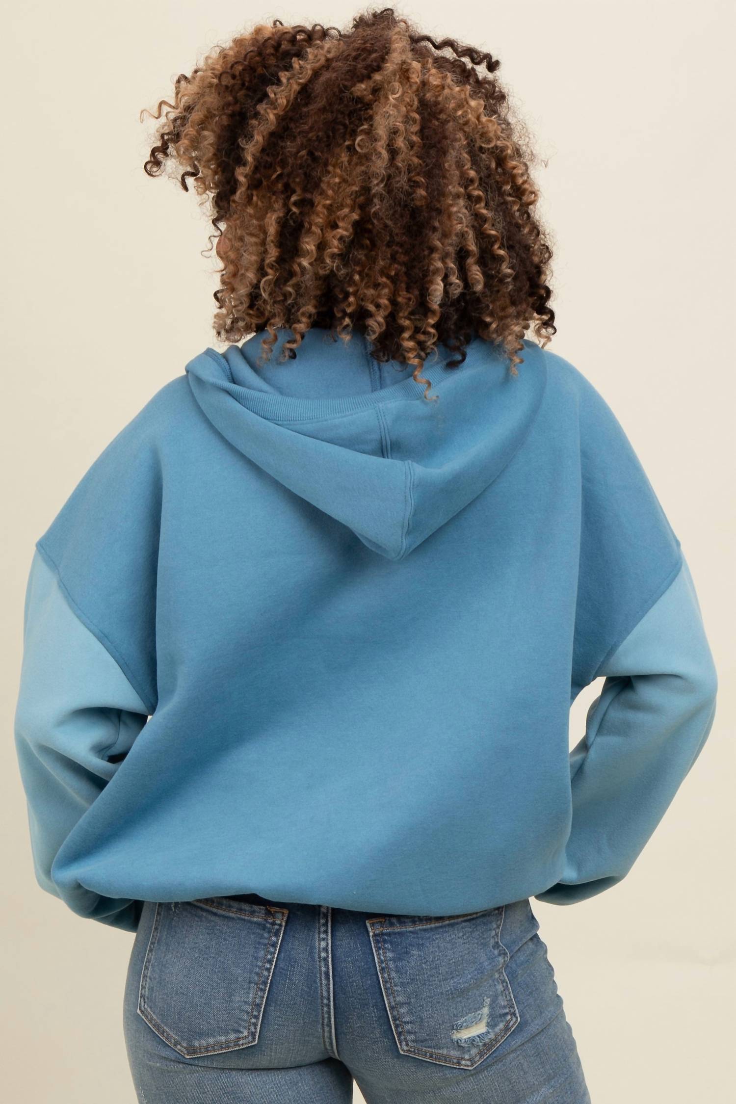 Bibi - Oversized Color Block Elastic Hem Fleece Hoodie