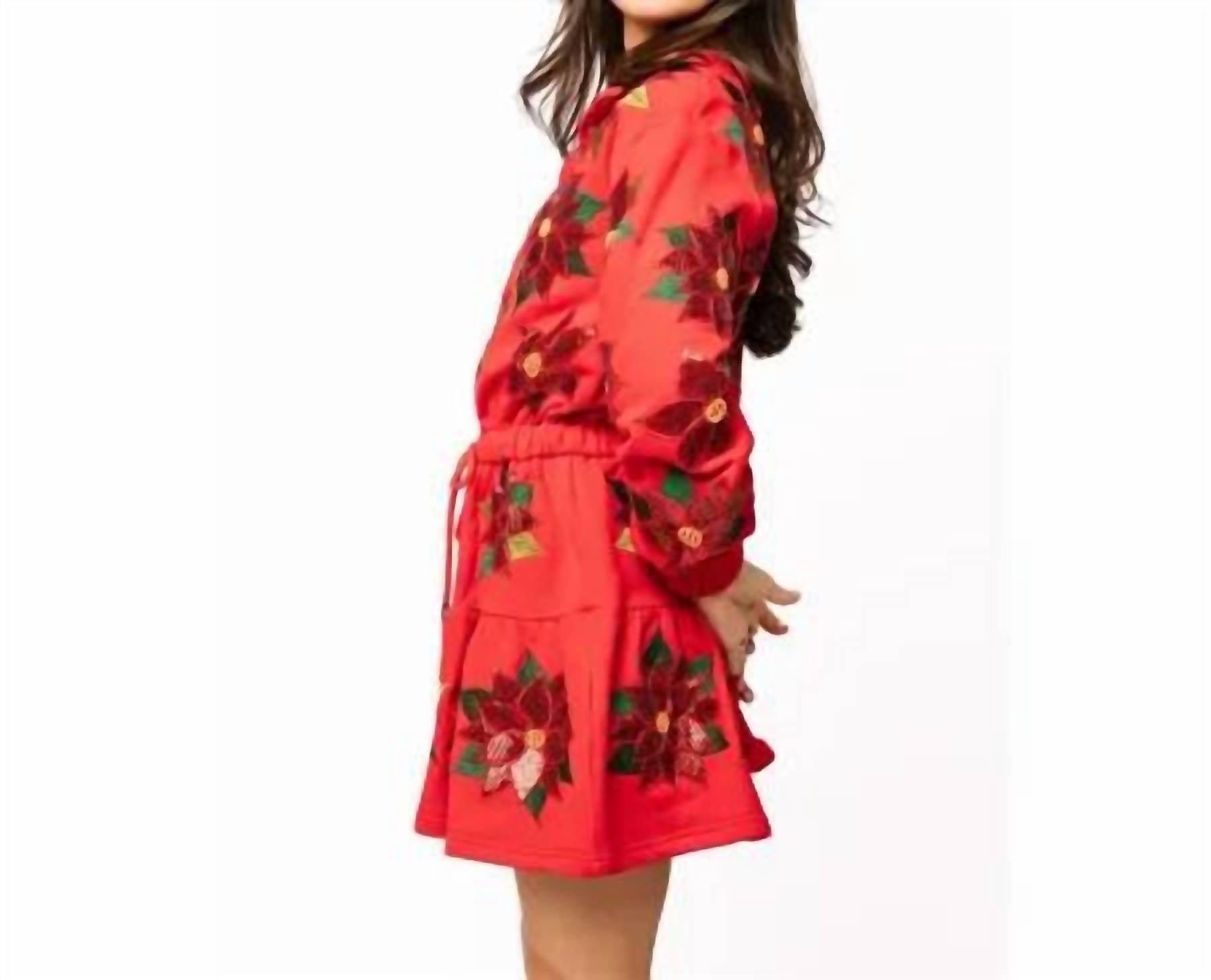 Queen Of Sparkles - Poinsettia Button Up Mock Neck Tie Sweatshirt Dress