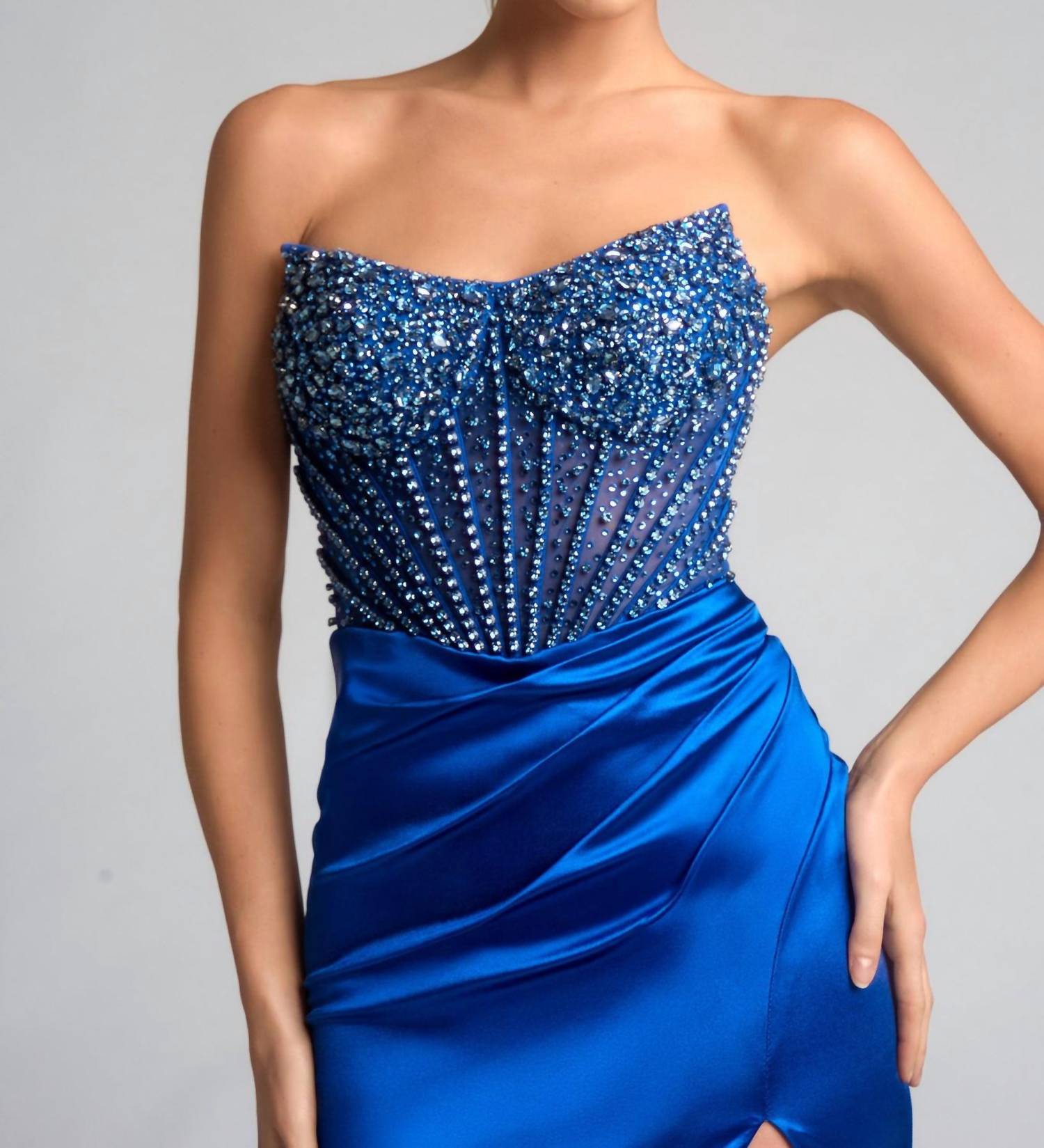 PORTIA&SCARLETT Stunning Satin Daring Prom Gown in royal - women's dress - detail view