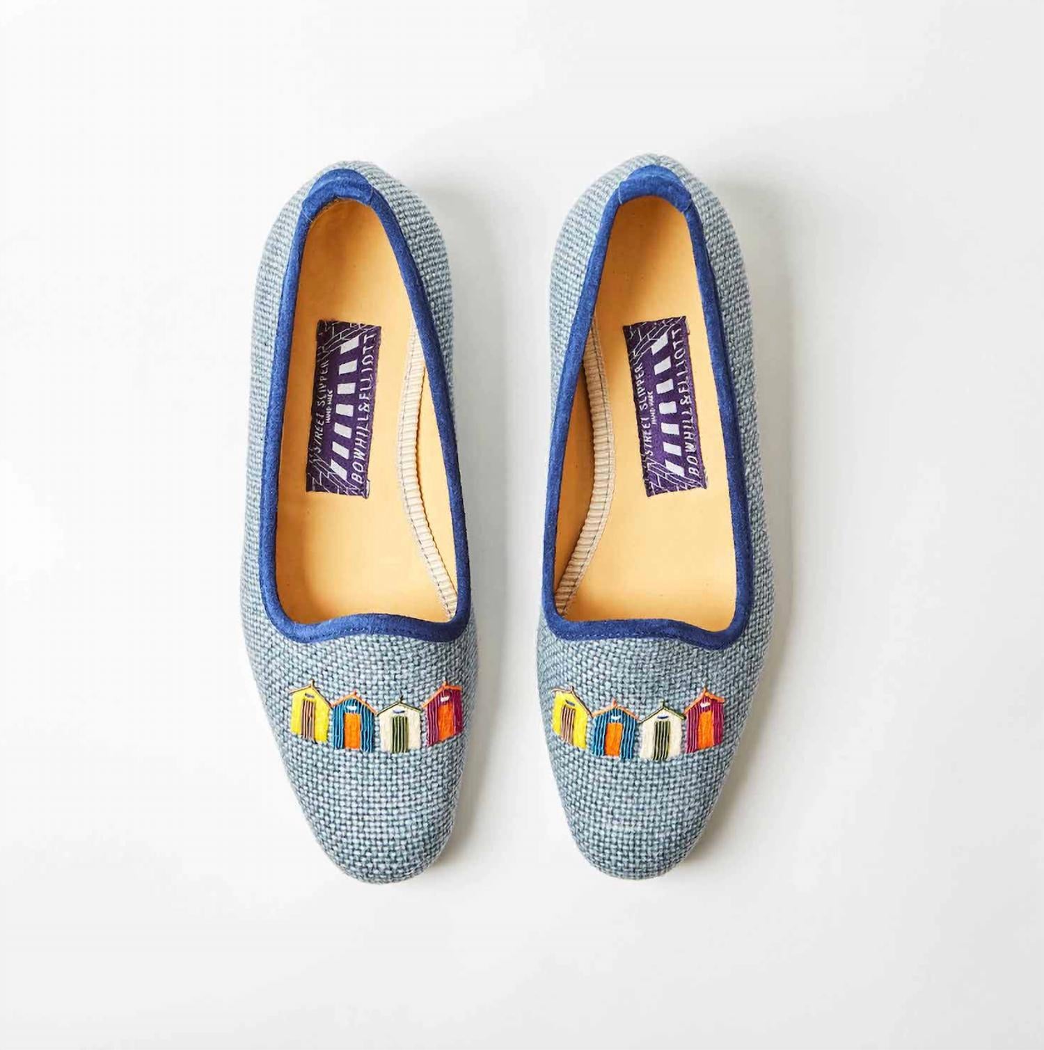Bowhill & Elliott - Women's Denim Linen Pumps with Embroidered Beach Huts