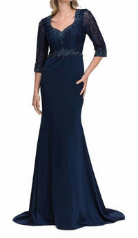 Lucci Lu - V-neck 3/4th Illusion Sleeves Embellished Long Dress