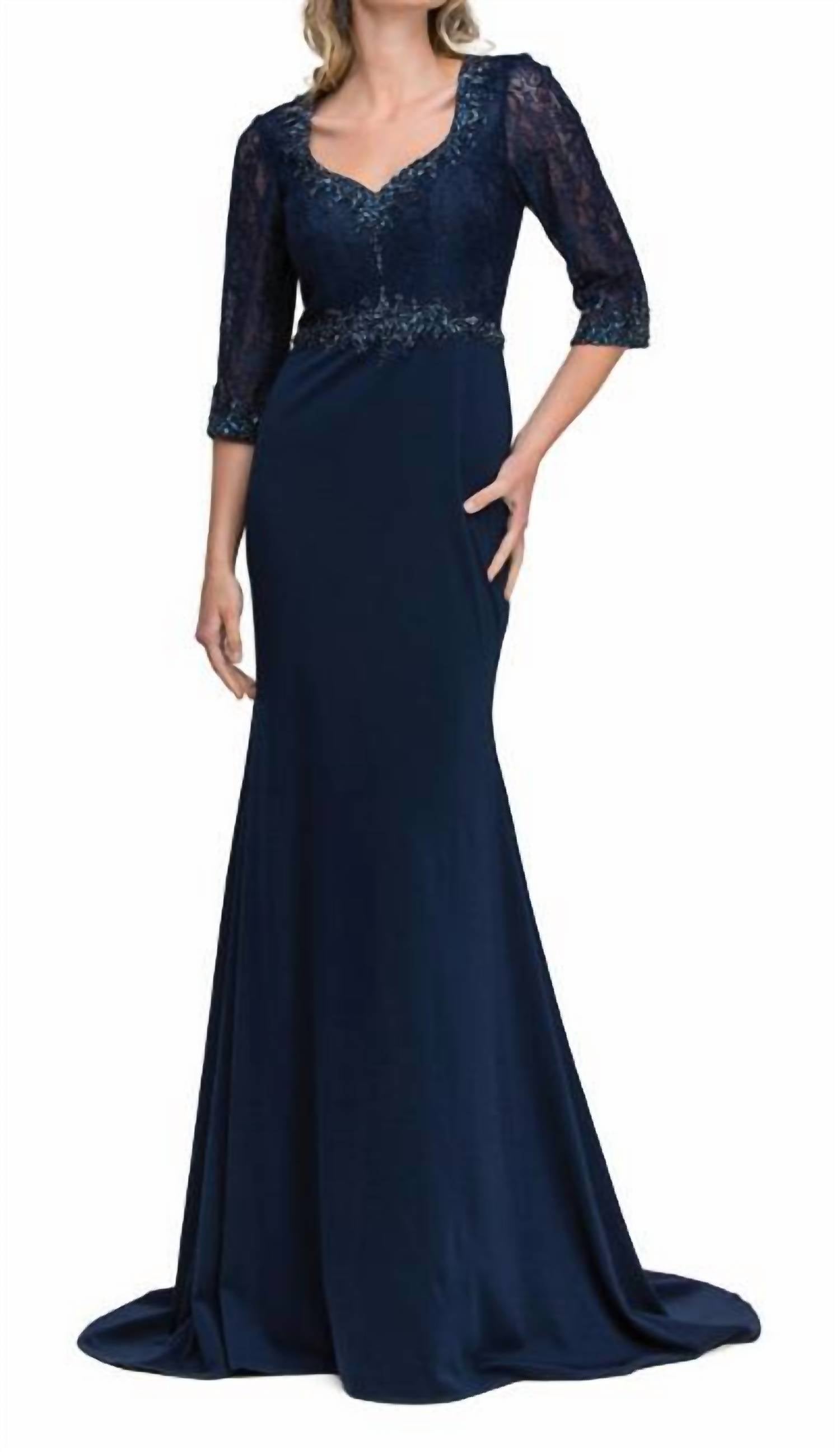 Lucci Lu - V-neck 3/4th Illusion Sleeves Embellished Long Dress