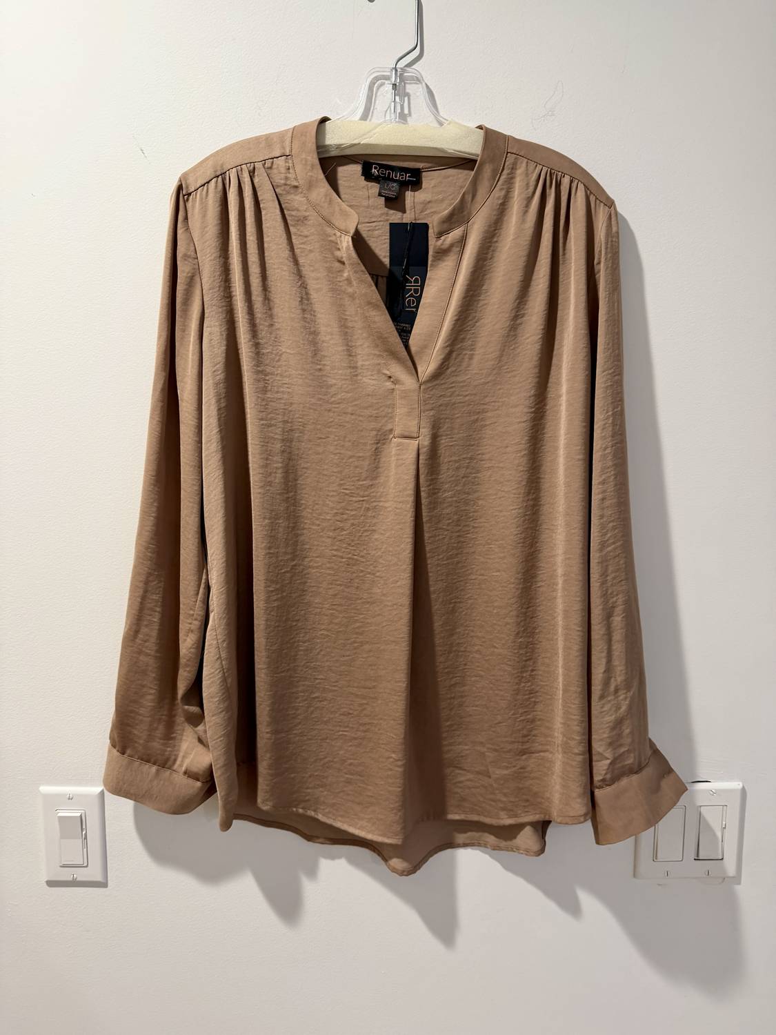 Renuar Women's Long Sleeve V Neck Blouse in tan - women's blouse