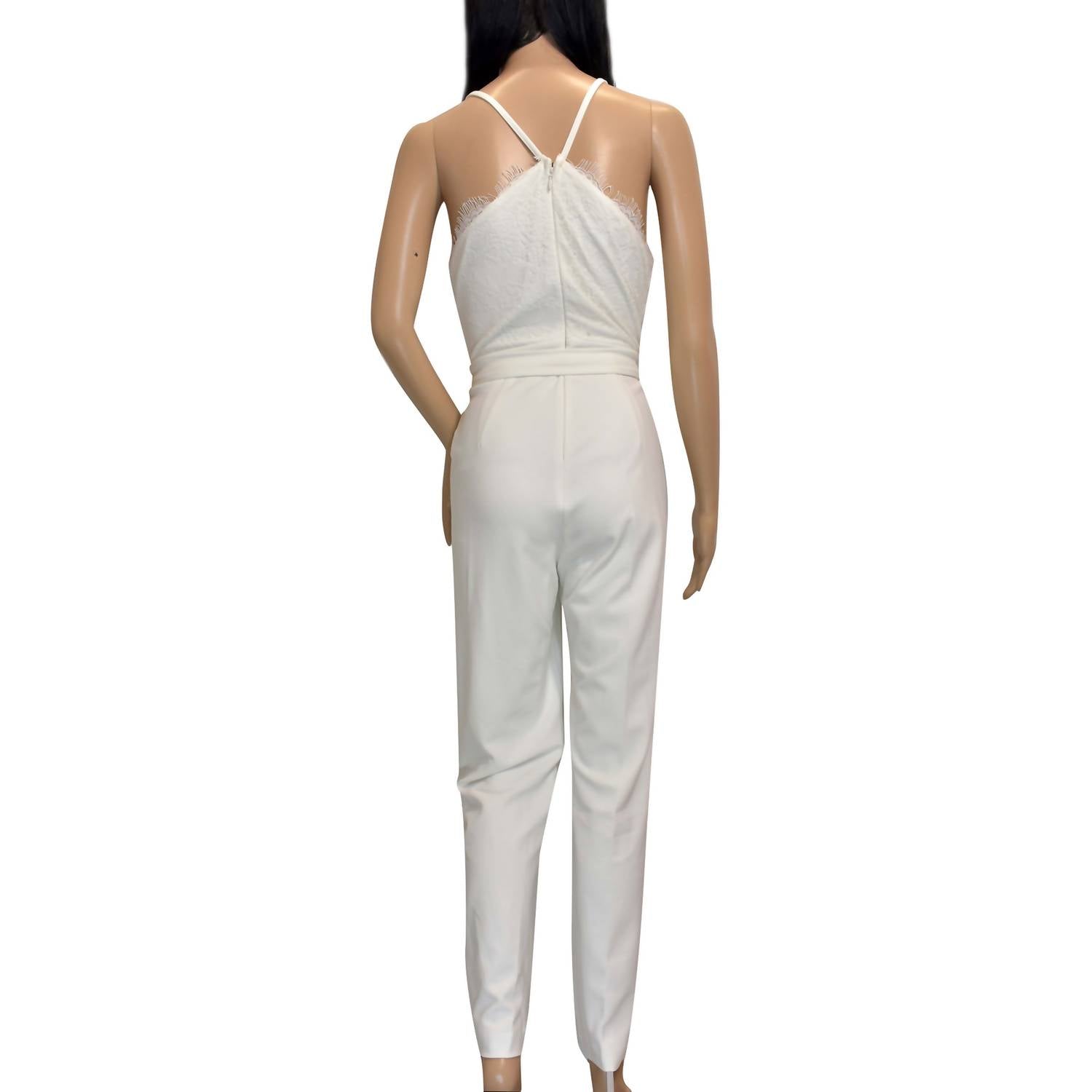 Women Back Lace Belted V-Neck Jumpsuit