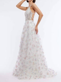 Vienna Prom - Floral Plunging V-neckline A-line Long Gown